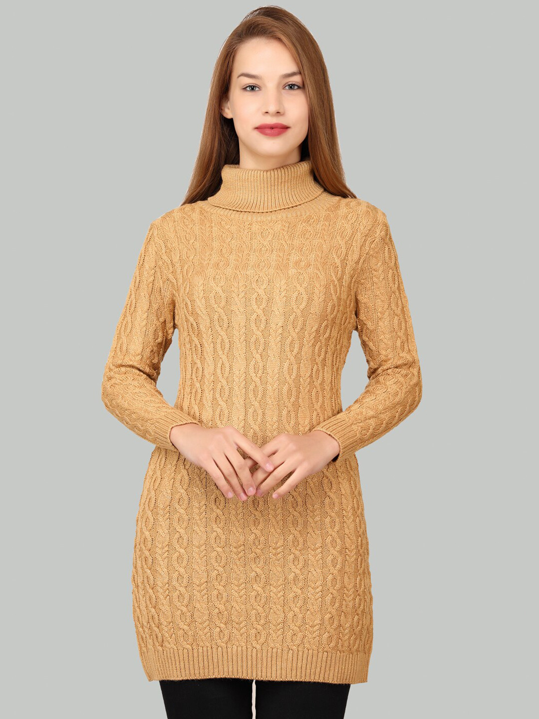 

LA-VITA Self Design Turtle Neck Woollen Longline Pullover Sweater, Beige