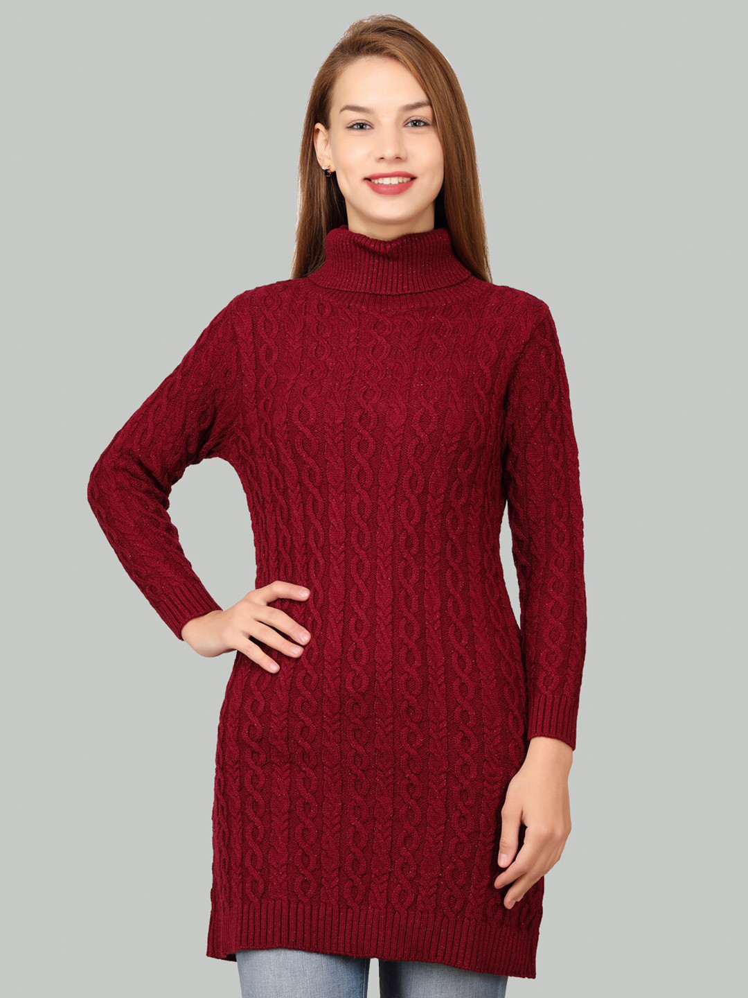 

LA-VITA Self Design Turtle Neck Woollen Longline Pullover Sweater, Red