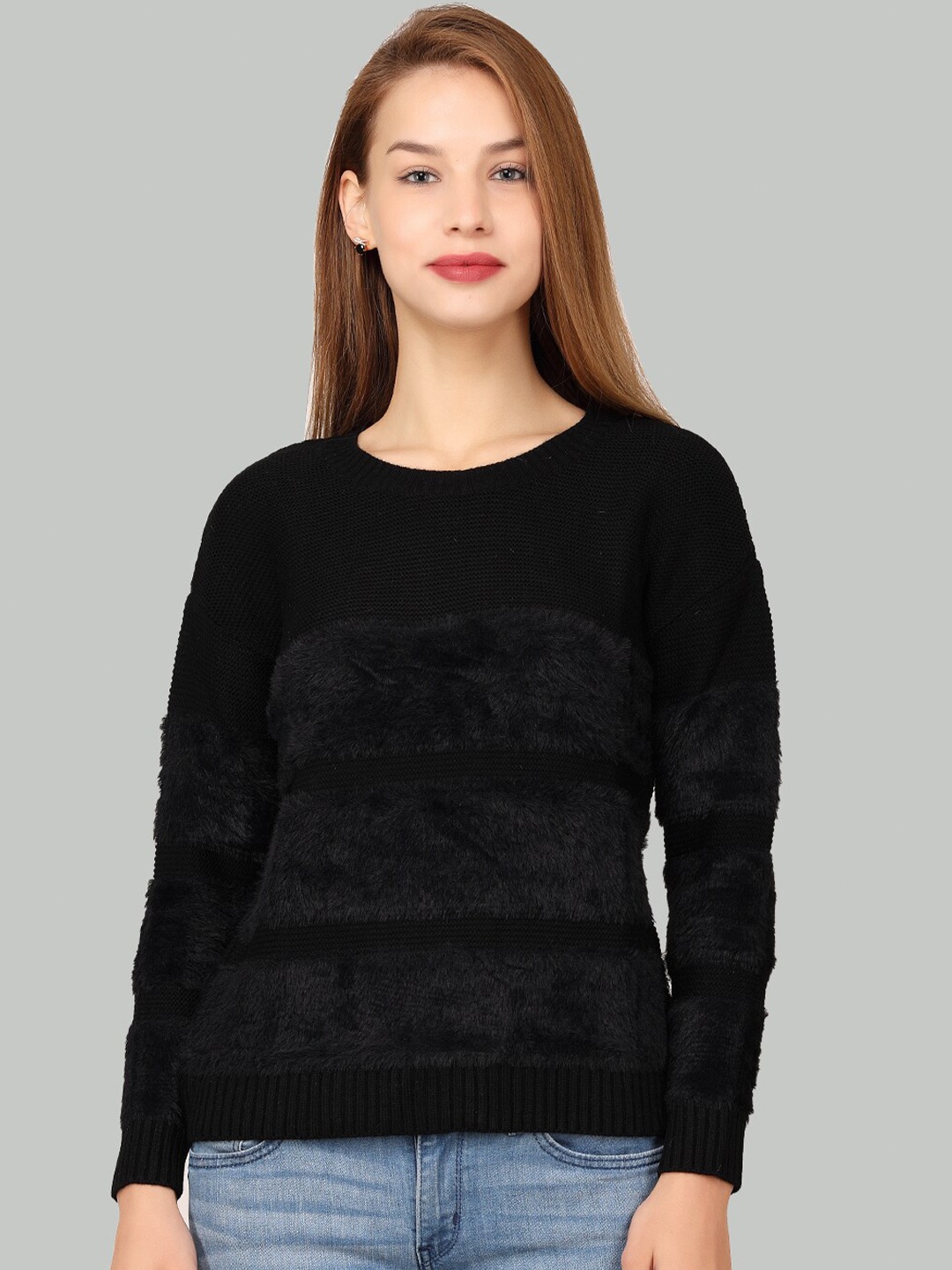 

LA-VITA Round Neck Relaxed Fit Woollen Top, Black