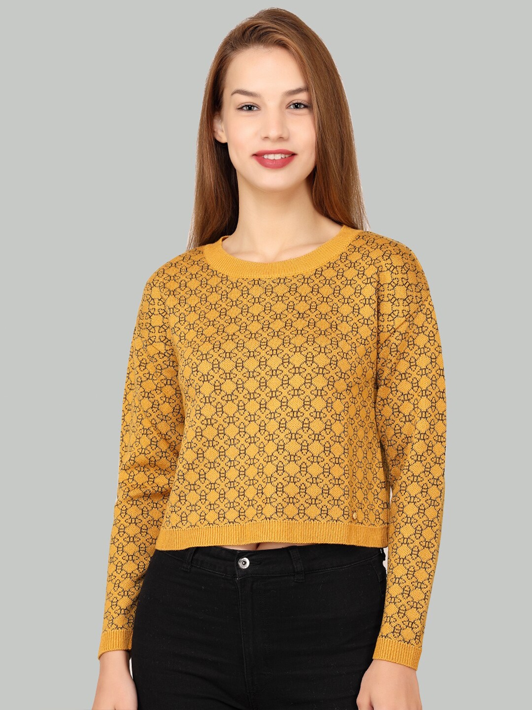 

LA-VITA Geometric Self Design Woollen Pullover Sweater, Mustard