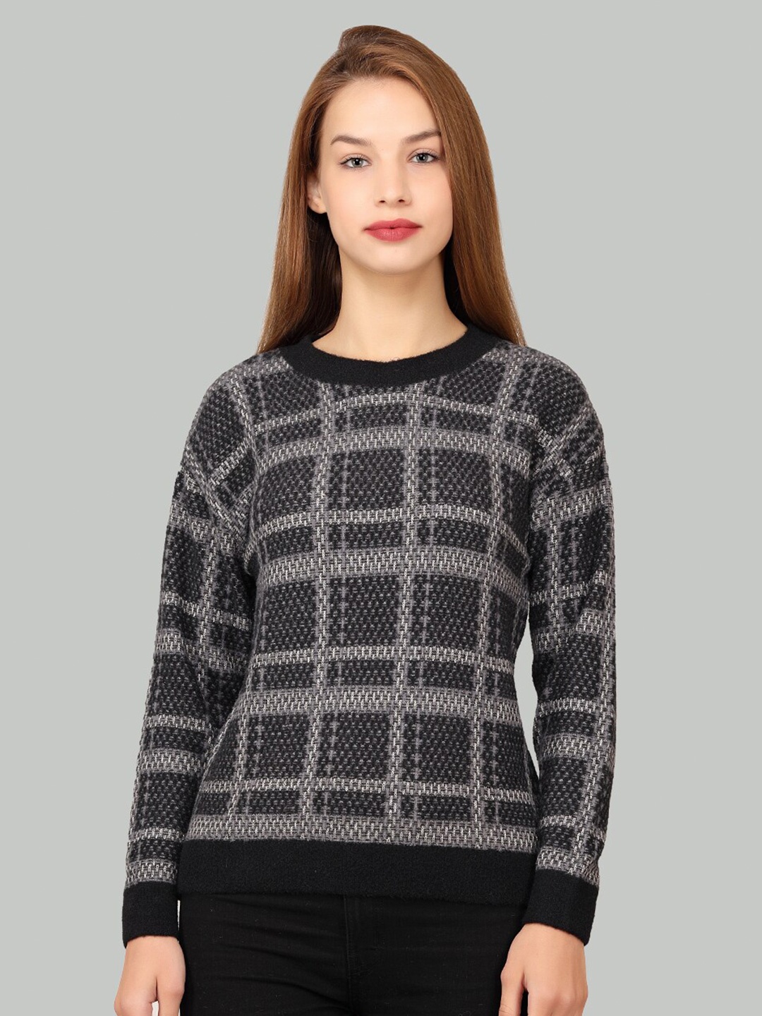 

LA-VITA Geometric Self Design Woollen Pullover Sweater, Black