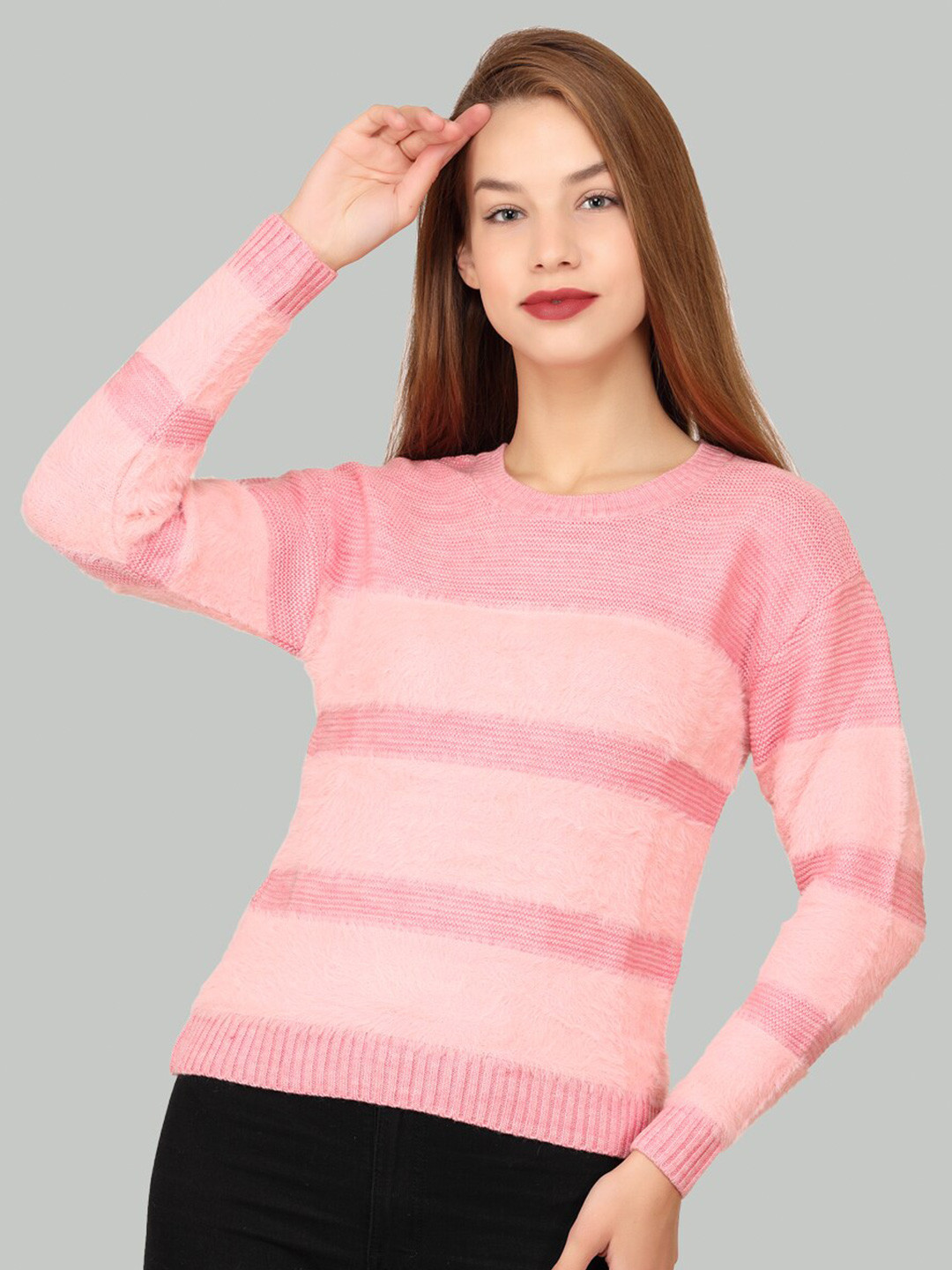 

LA-VITA Striped Self Design Woollen Pullover Sweater, Pink