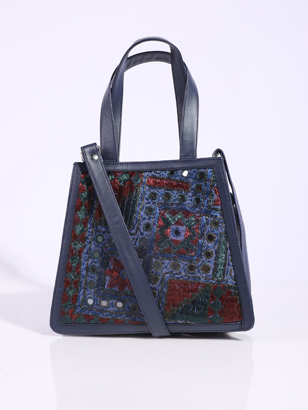 

A BIG INDIAN STORY Ethnic Motifs Embroidered Leather Oversized Shopper Tote Bag, Blue