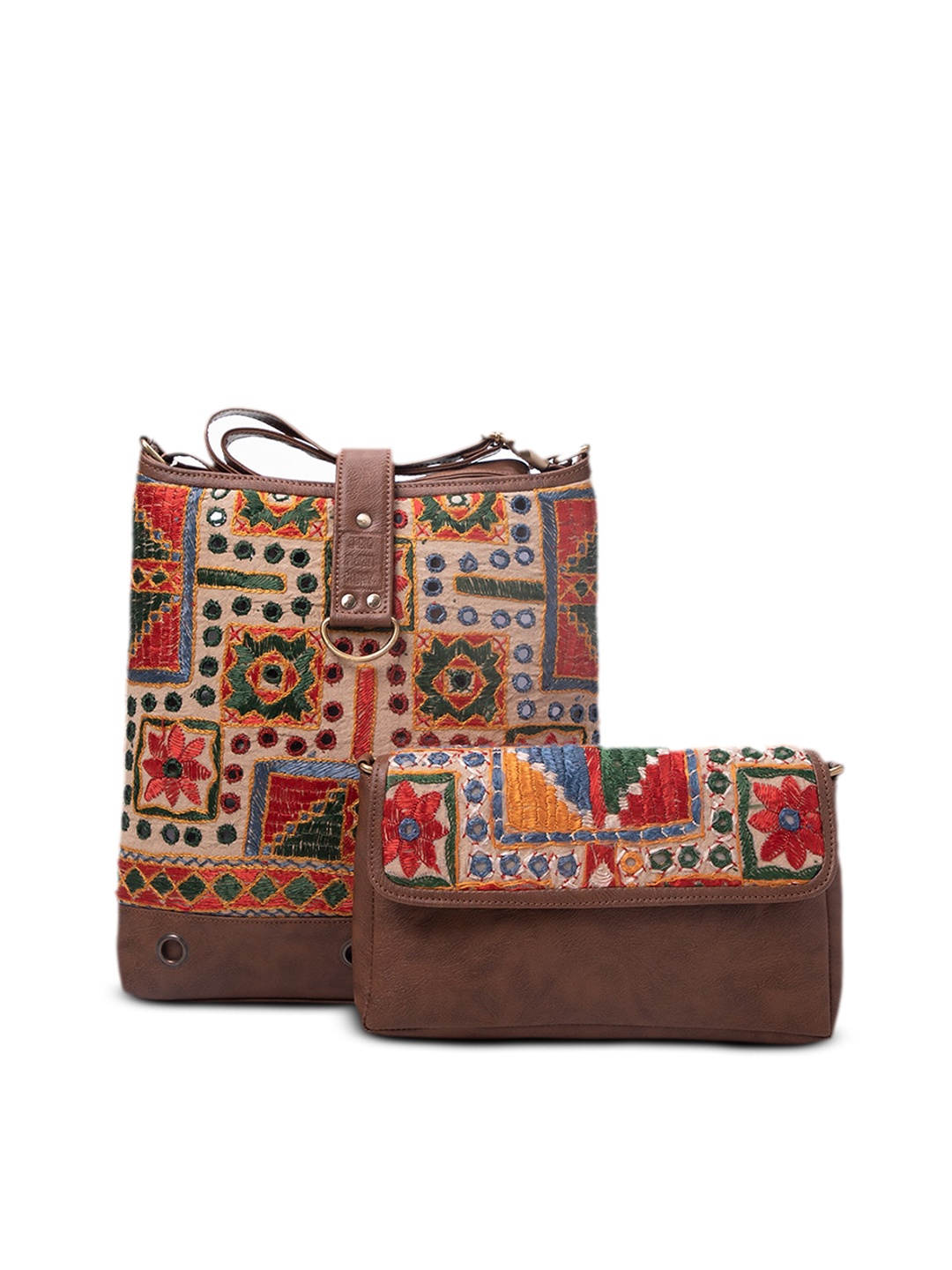 

A BIG INDIAN STORY Embellished Leather Bucket Sling Bag with Cut Work, Tan