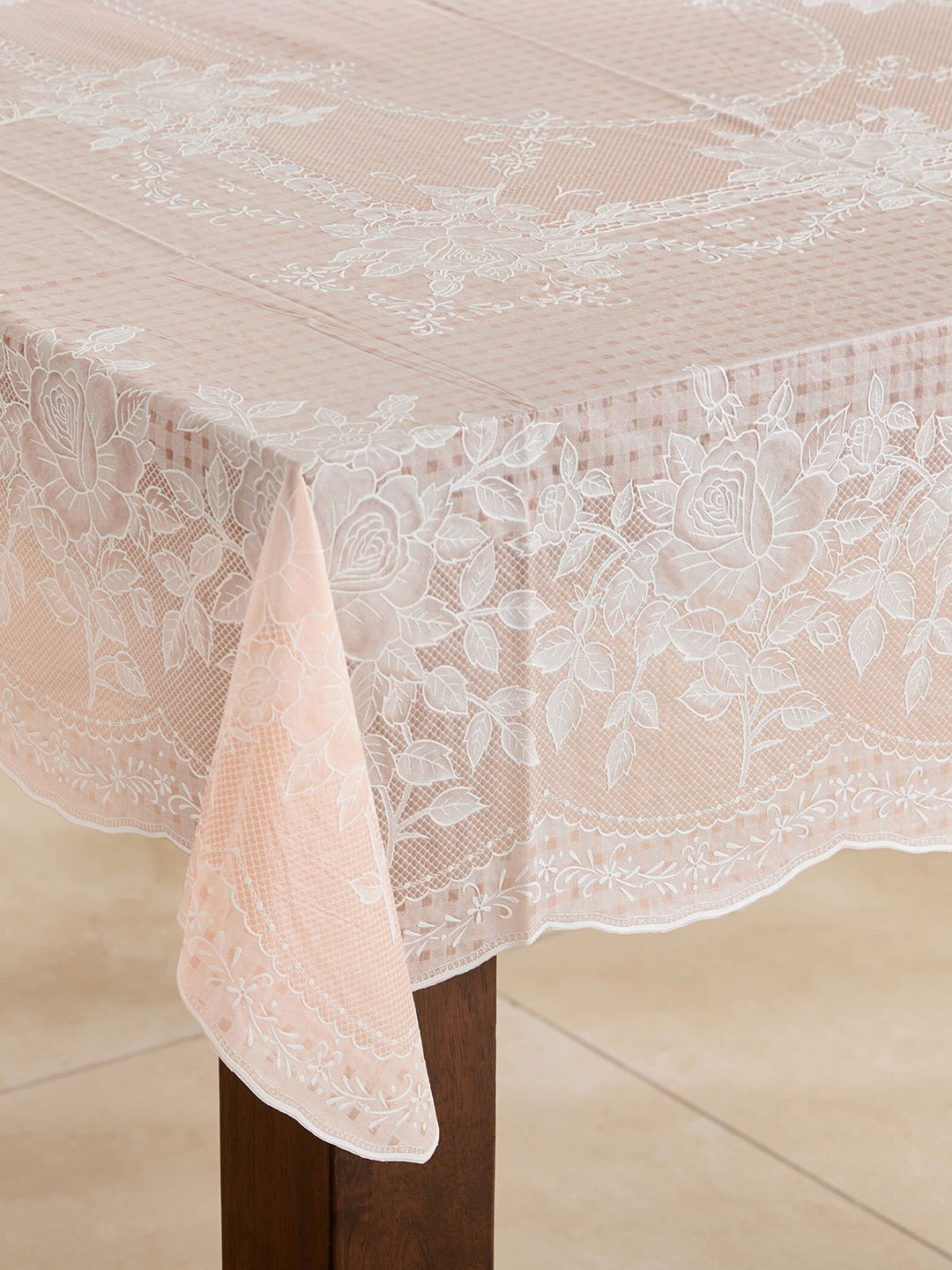 Home Centre Corsica Peach-Coloured & White Printed 6-Seater Table Cover