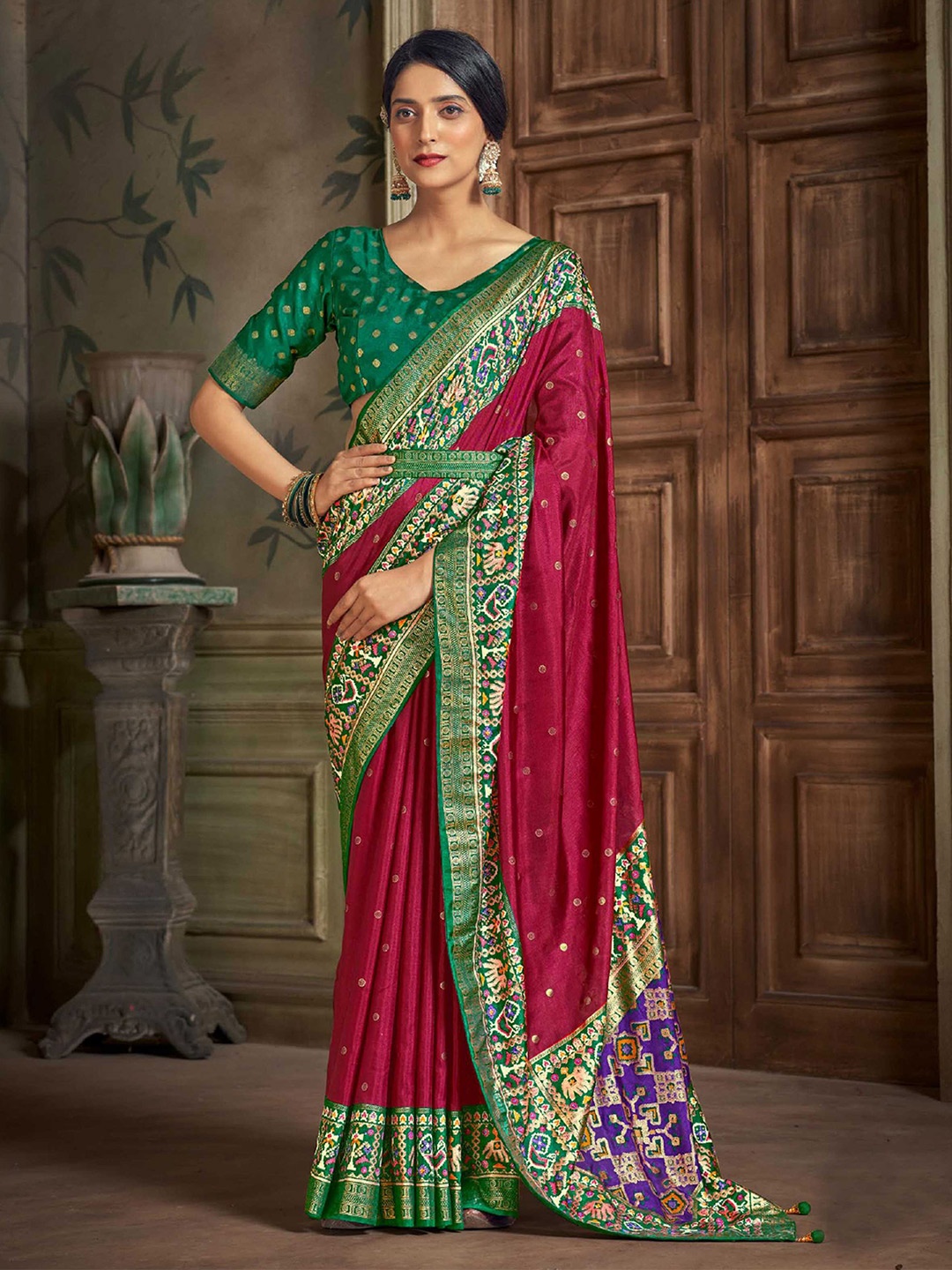 

Mitera Maroon Geometric Woven Design Zari Detailed Patola Saree