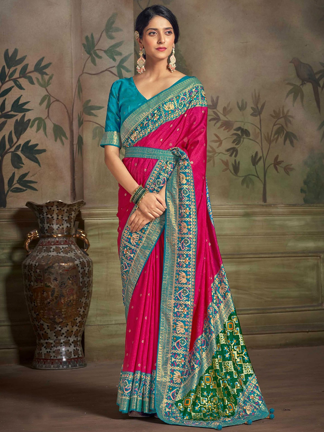 

Mitera Pink Geometric Woven Design Zari Detailed Patola Saree