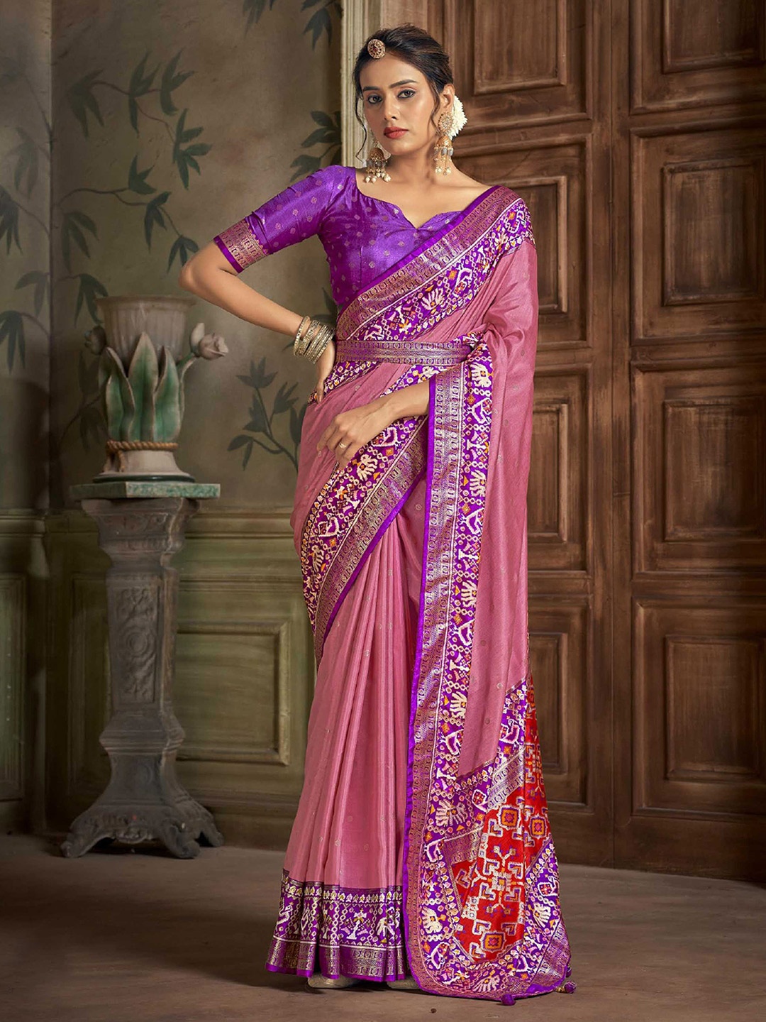 

Mitera Pink Geometric Woven Design Zari Detailed Patola Saree