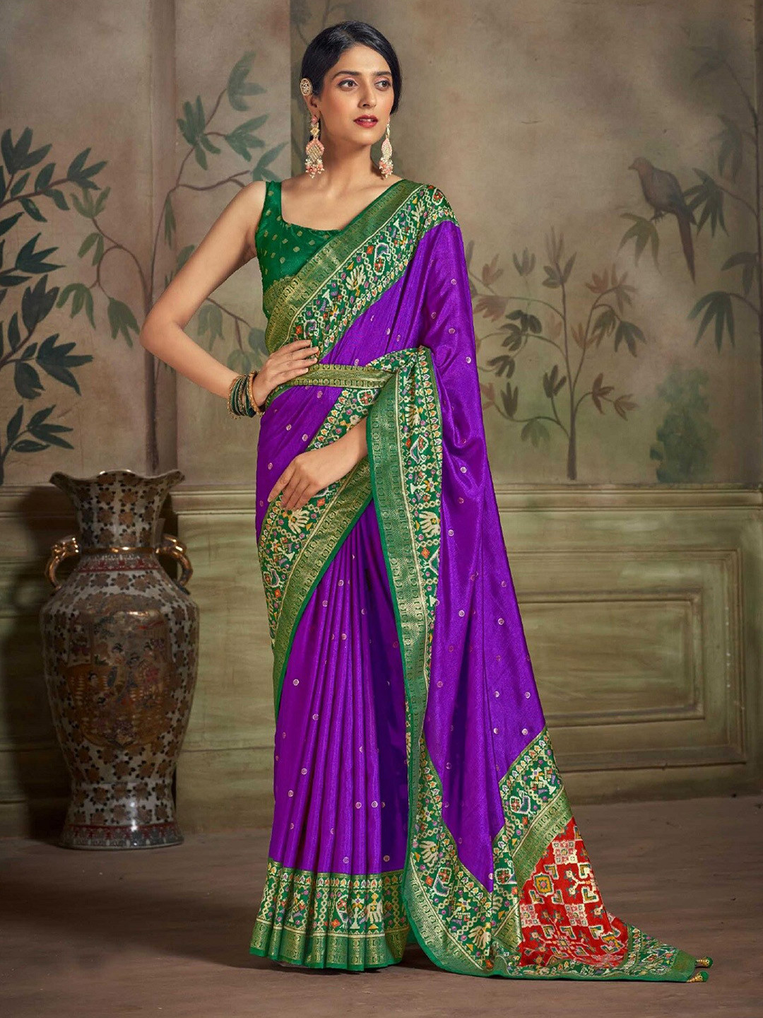 

Mitera Purple Geometric Woven Design Zari Detailed Patola Saree