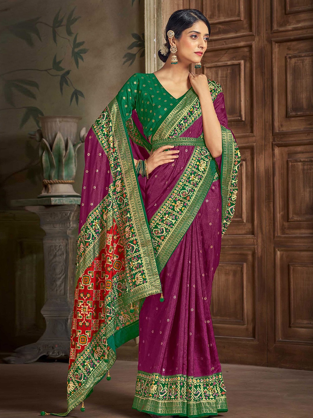 

Mitera Purple Geometric Woven Design Zari Detailed Patola Saree
