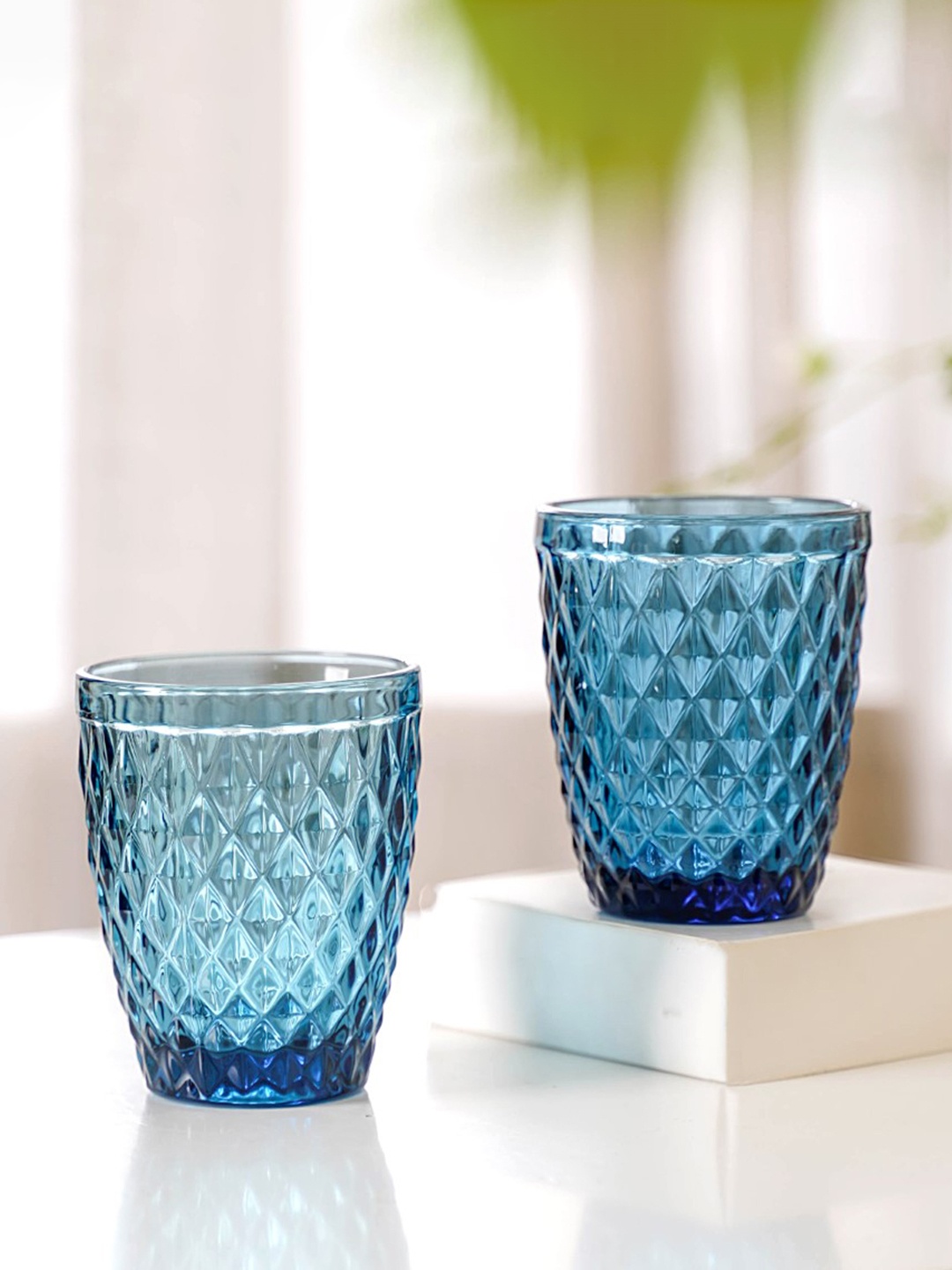 

Nestasia Blue 4-Pieces Textured Glass Tumbler Glass-250 ml Each