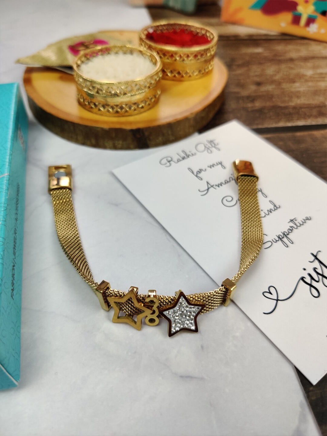 

EL REGALO Stainless Steel Bracelet Rakhi Gift Set, Gold