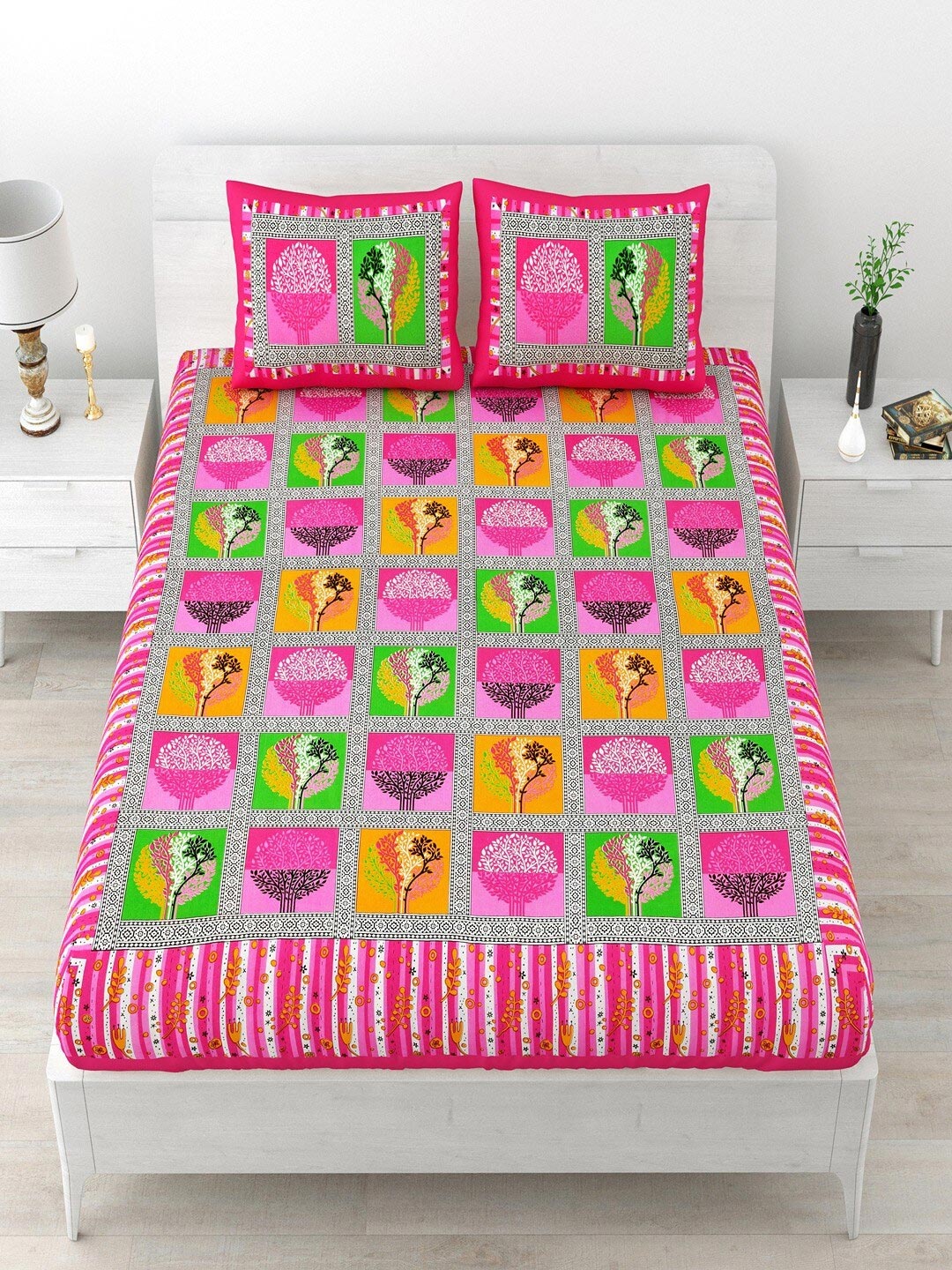 

UNIQCHOICE Pink & Green Floral Pure Cotton120 TC Queen Bedsheet With 2 Pillow Covers