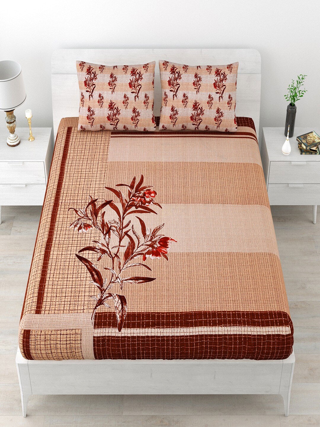 

UNIQCHOICE Brown & Red Floral Cotton 120 TC Queen Bedsheet With 2 Pillow Covers