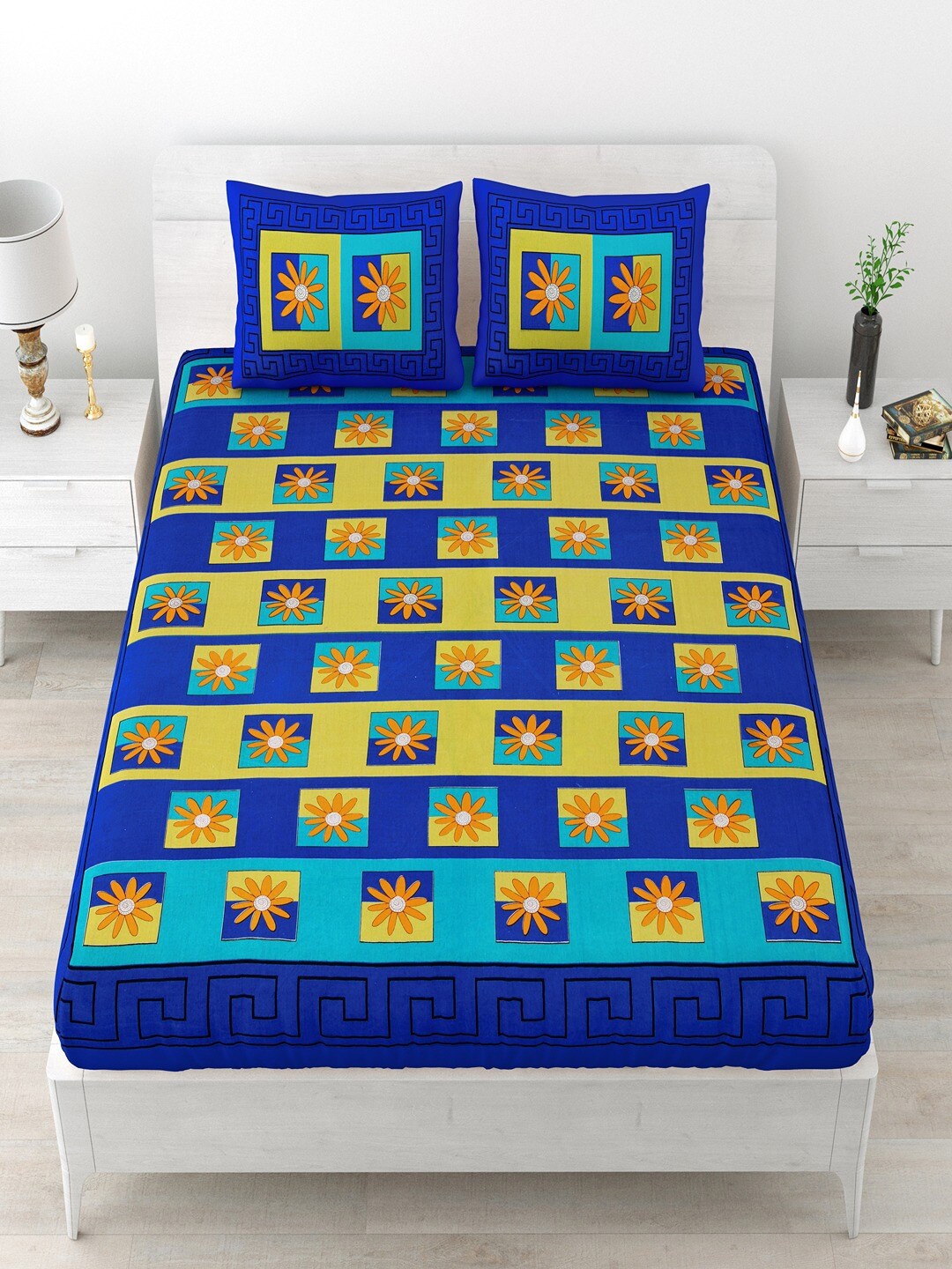 

UNIQCHOICE Blue & Yellow Floral Cotton 120 TC Queen Bedsheet With 2 Pillow Covers