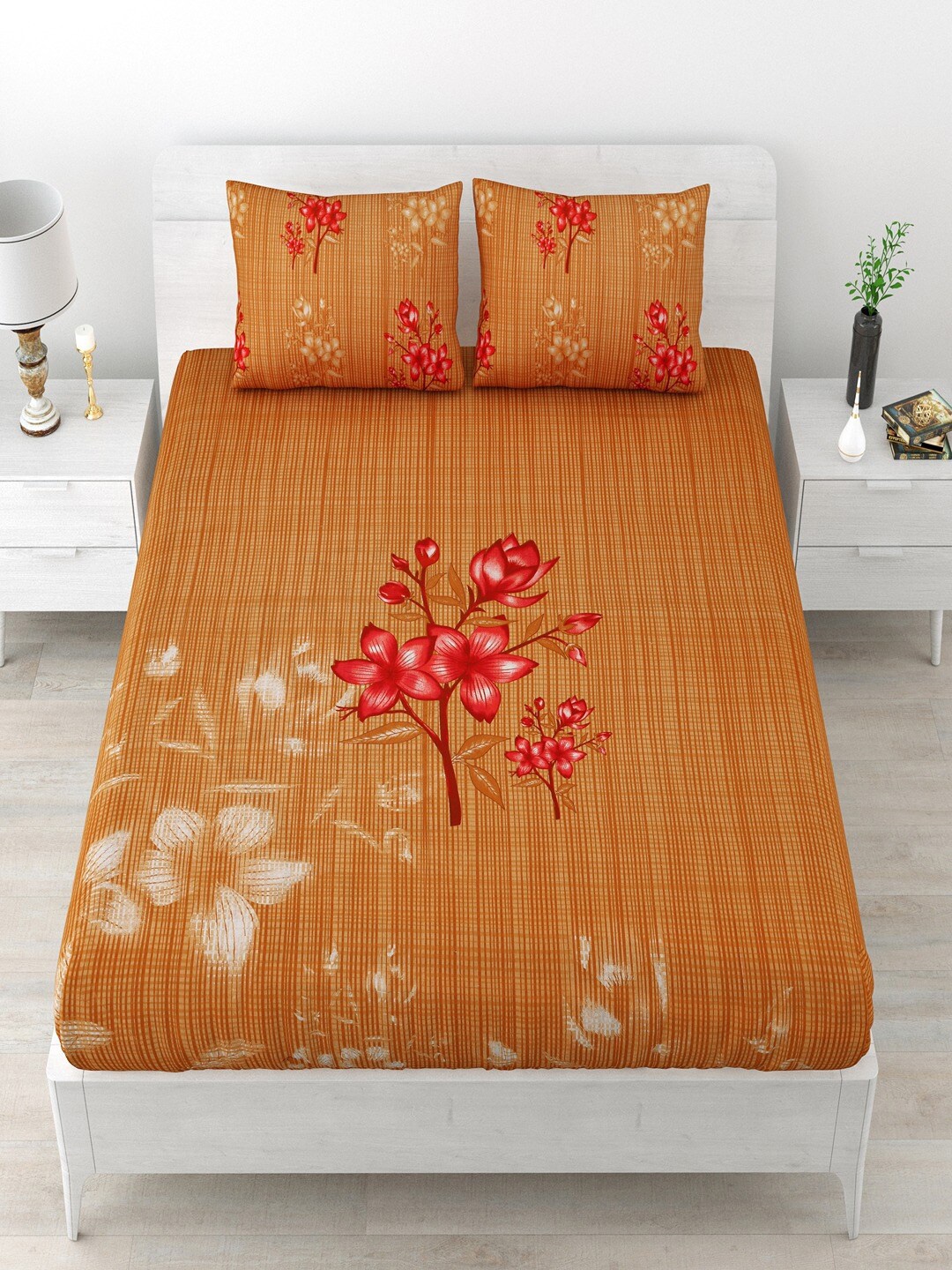 

UNIQCHOICE Beige & Red Floral Pure Cotton 120 TC Queen Bedsheet with 2 Pillow Covers