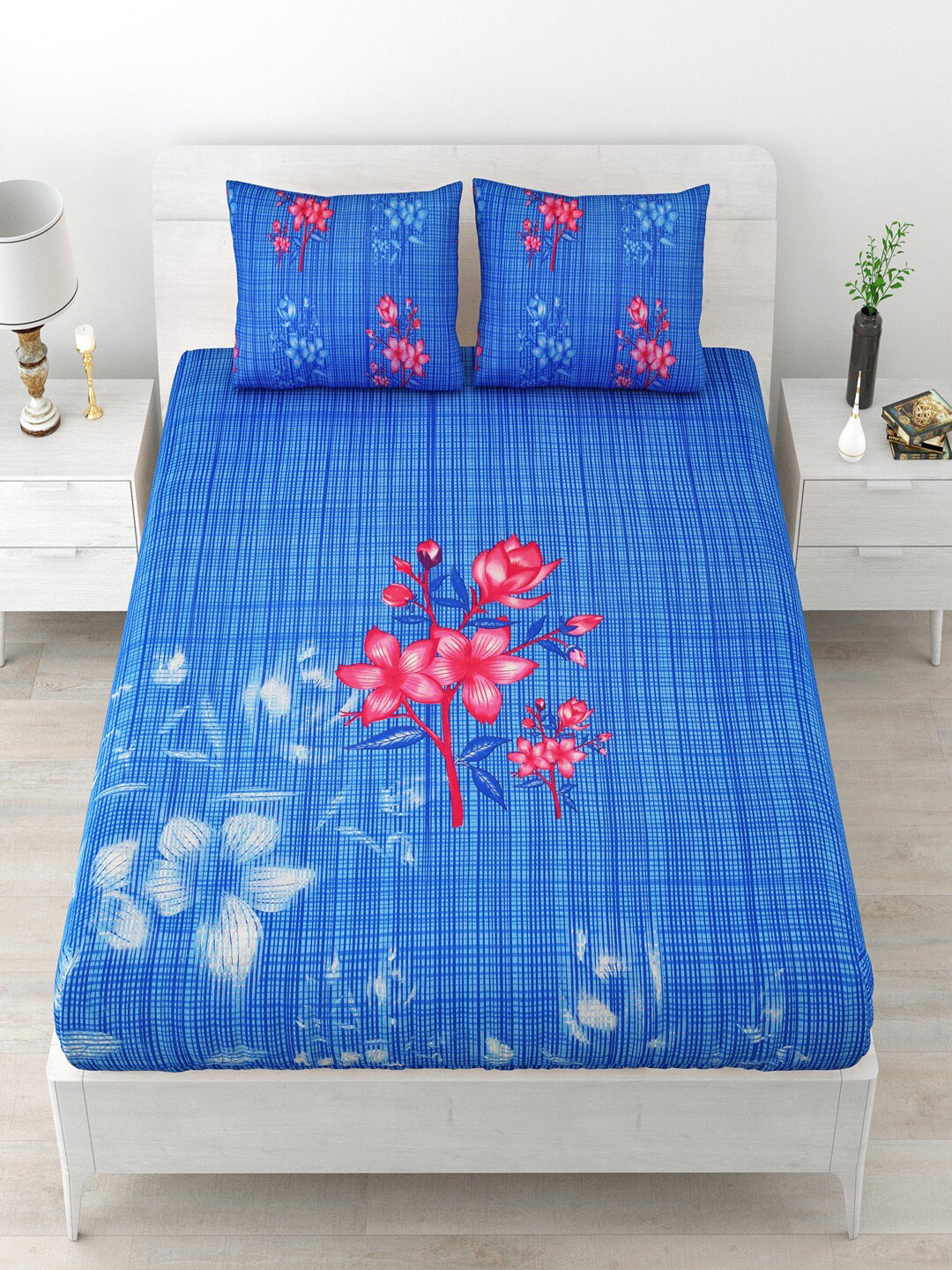 

UNIQCHOICE Blue & Pink Floral Pure Cotton 120 TC Queen Bedsheet with 2 Pillow Covers