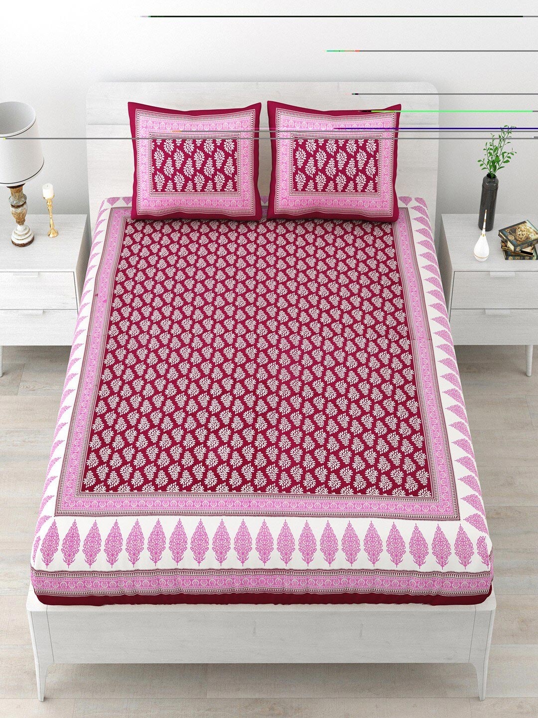 

UNIQCHOICE Red & Pink Ethnic Motifs Pure Cotton 120 TC Queen Bedsheet & 2 Pillow Covers