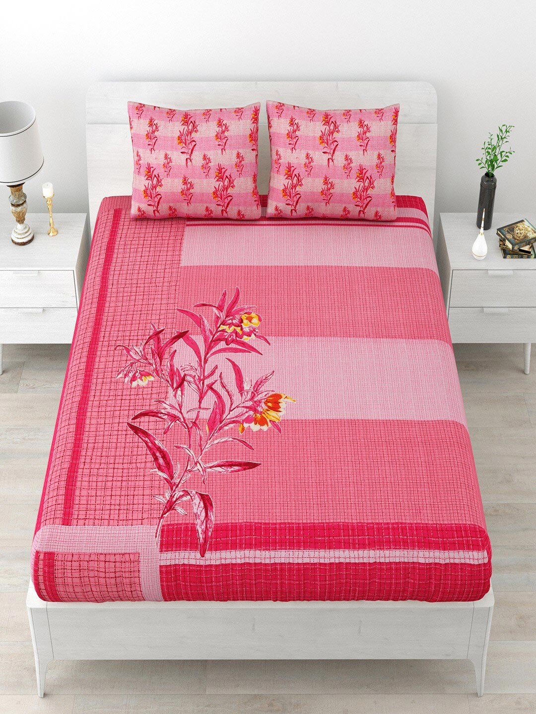 

UNIQCHOICE Pink Yellow Floral Pure Cotton 120 TC Queen Bedsheet with 2 Pillow Covers