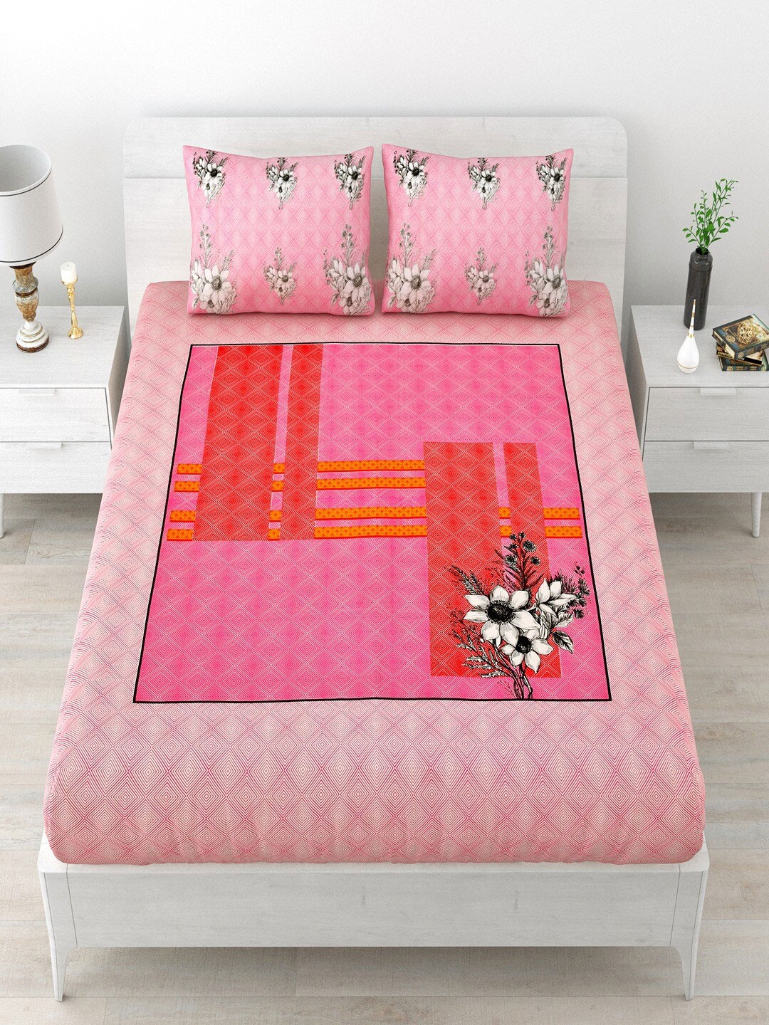 

UNIQCHOICE Pink & White Floral Pure Cotton 120 TC Queen Bedsheet With 2 Pillow Covers