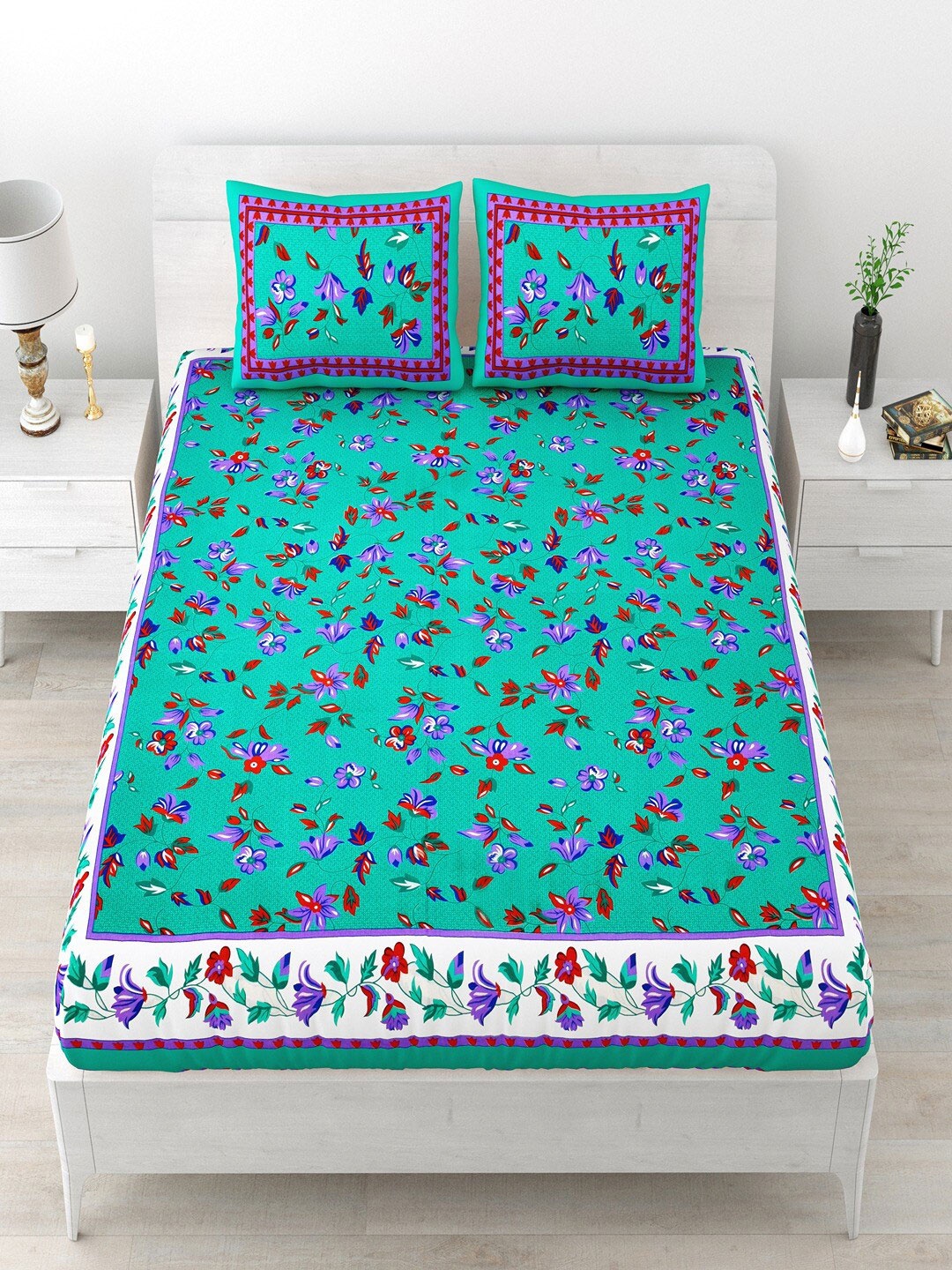 

UNIQCHOICE Sea Green & Pink Floral Pure Cotton 120 TC Queen Bedsheet With 2 Pillow Covers