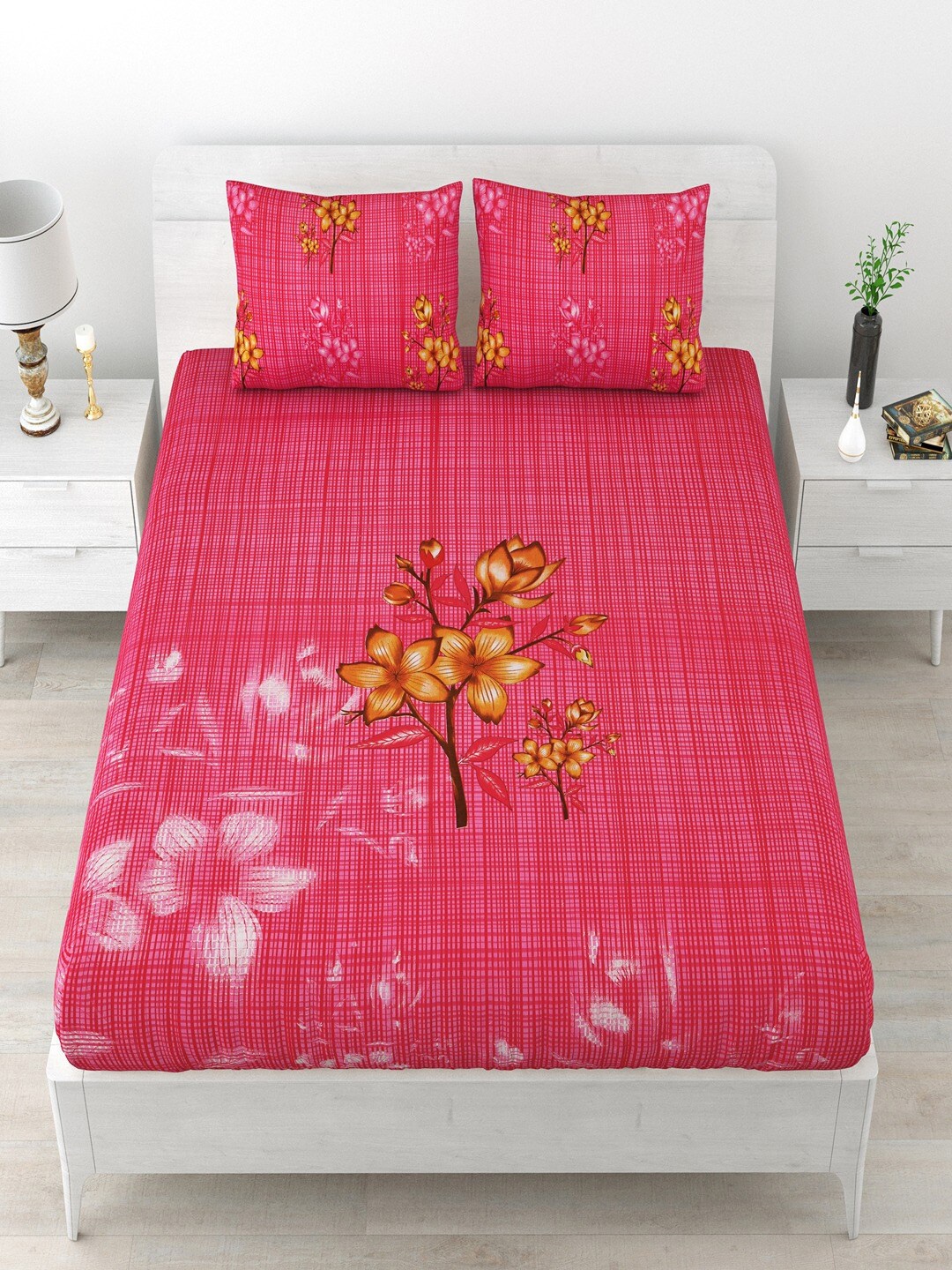 

UNIQCHOICE Pink & White Floral Pure Cotton 120 TC Queen Bedsheet With 2 Pillow Covers