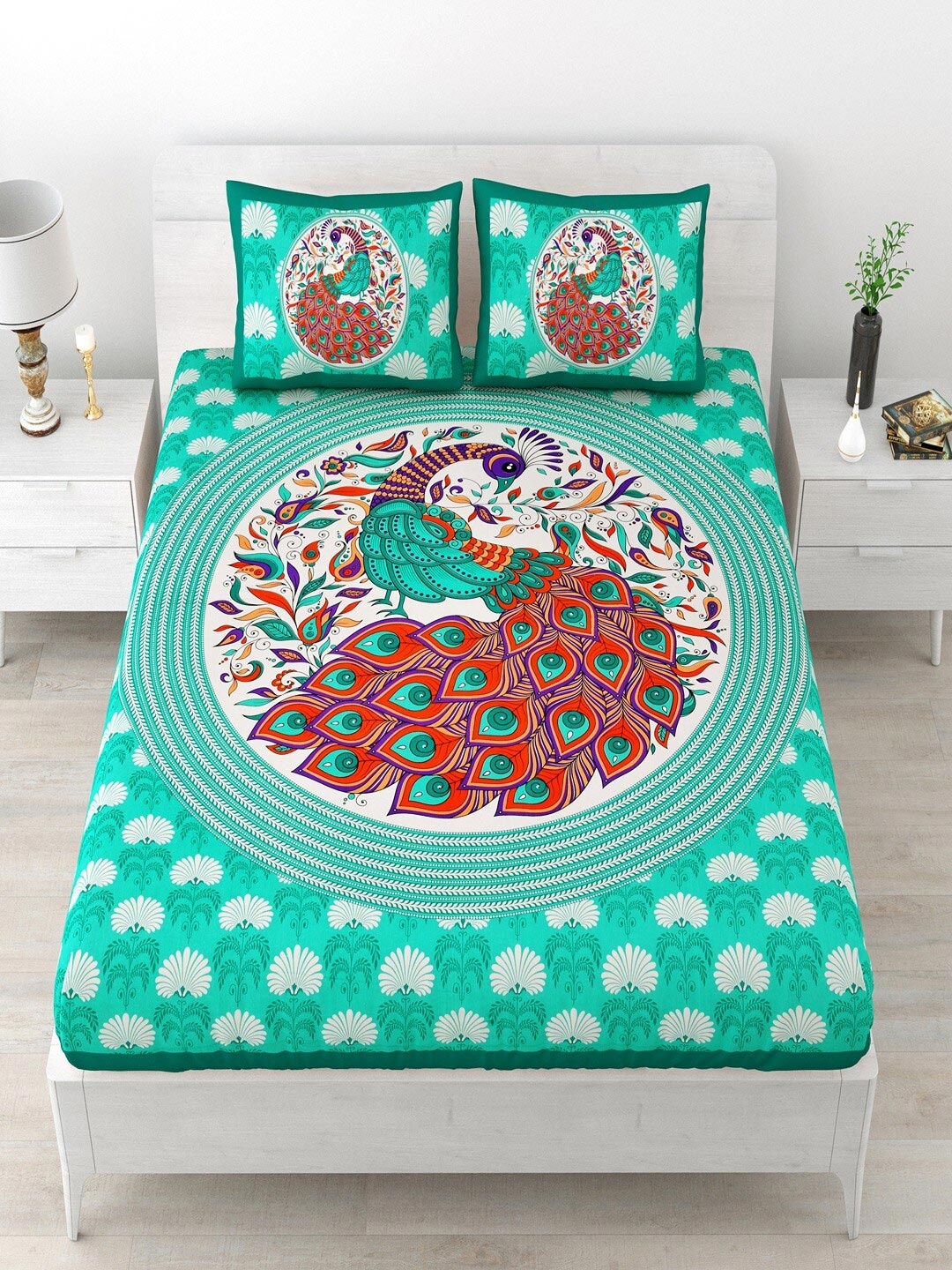 

UNIQCHOICE Sea Green & Red Floral Pure Cotton 120 TC Queen Bedsheet With 2 Pillow Covers