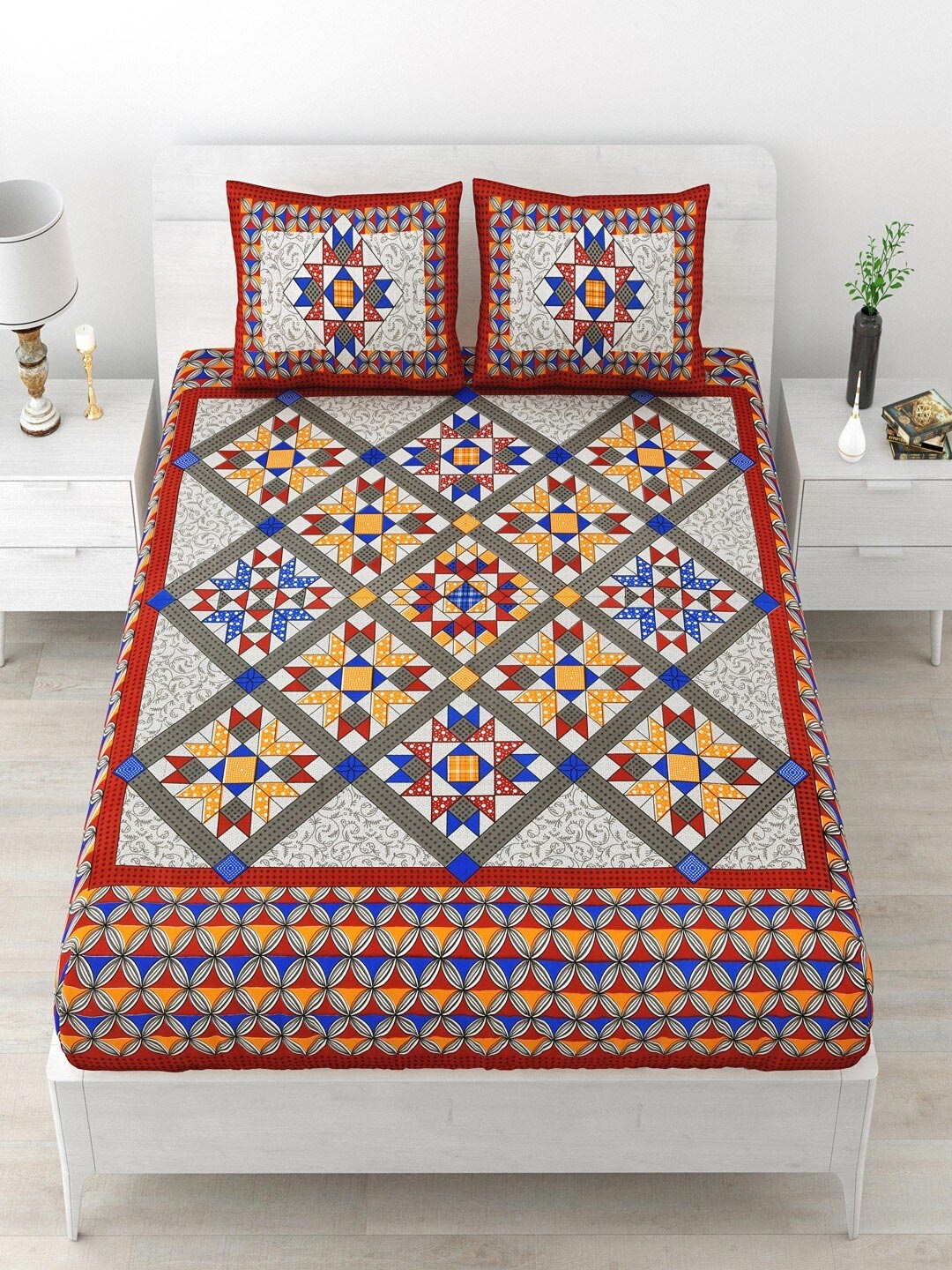 

UNIQCHOICE Red & Yellow Ethnic Motifs Cotton 120 TC Queen Bedsheet With 2 Pillow Covers