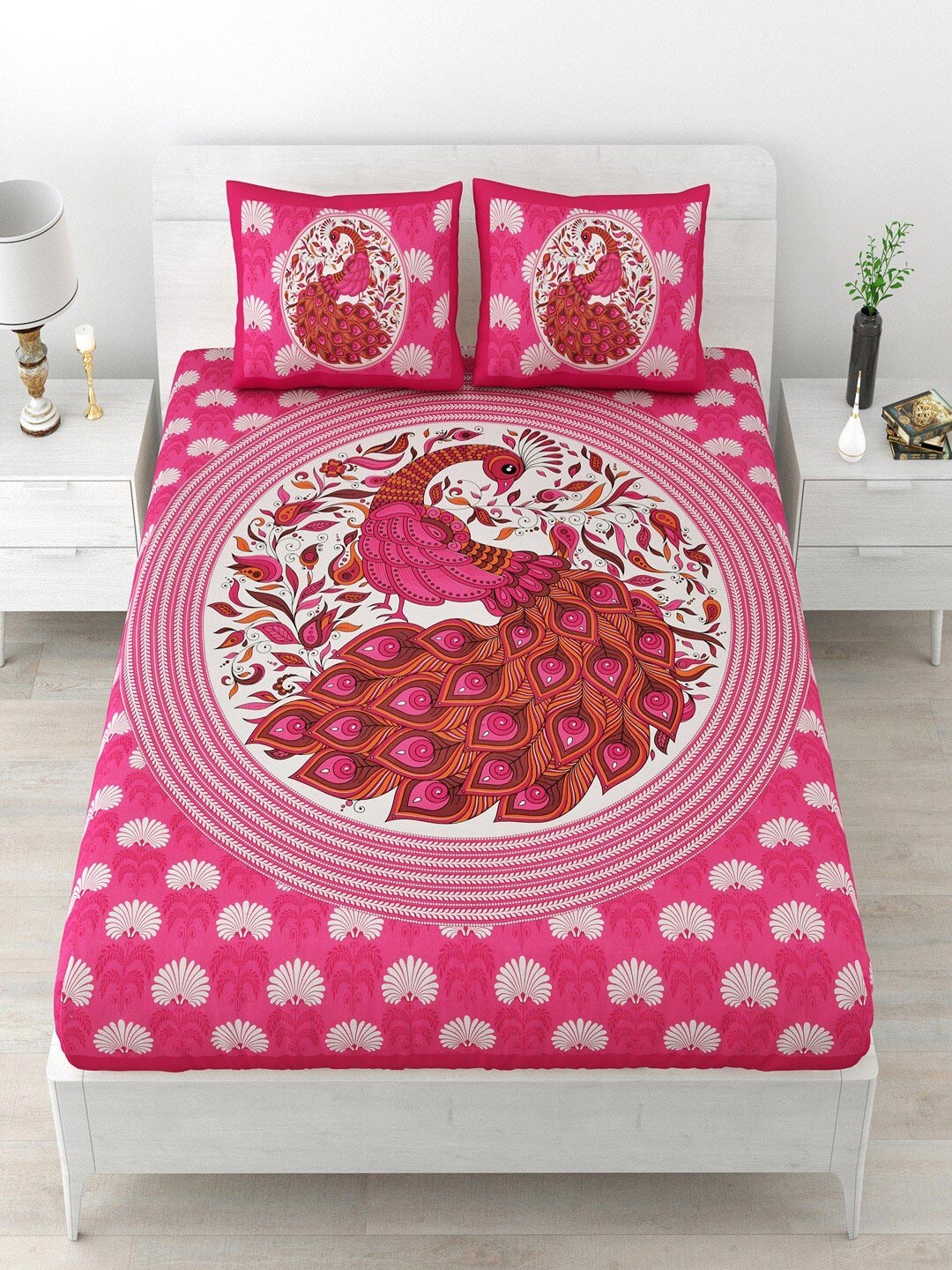 

UNIQCHOICE Pink & White Floral Cotton 120 TC Queen Bedsheet With 2 Pillow Covers