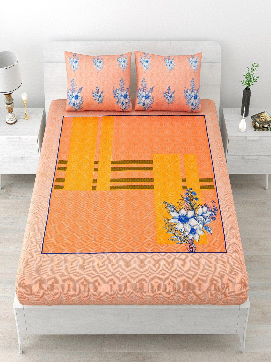 

UNIQCHOICE Peach-Coloured & Blue Floral Cotton 120 TC Queen Bedsheet With 2 Pillow Covers
