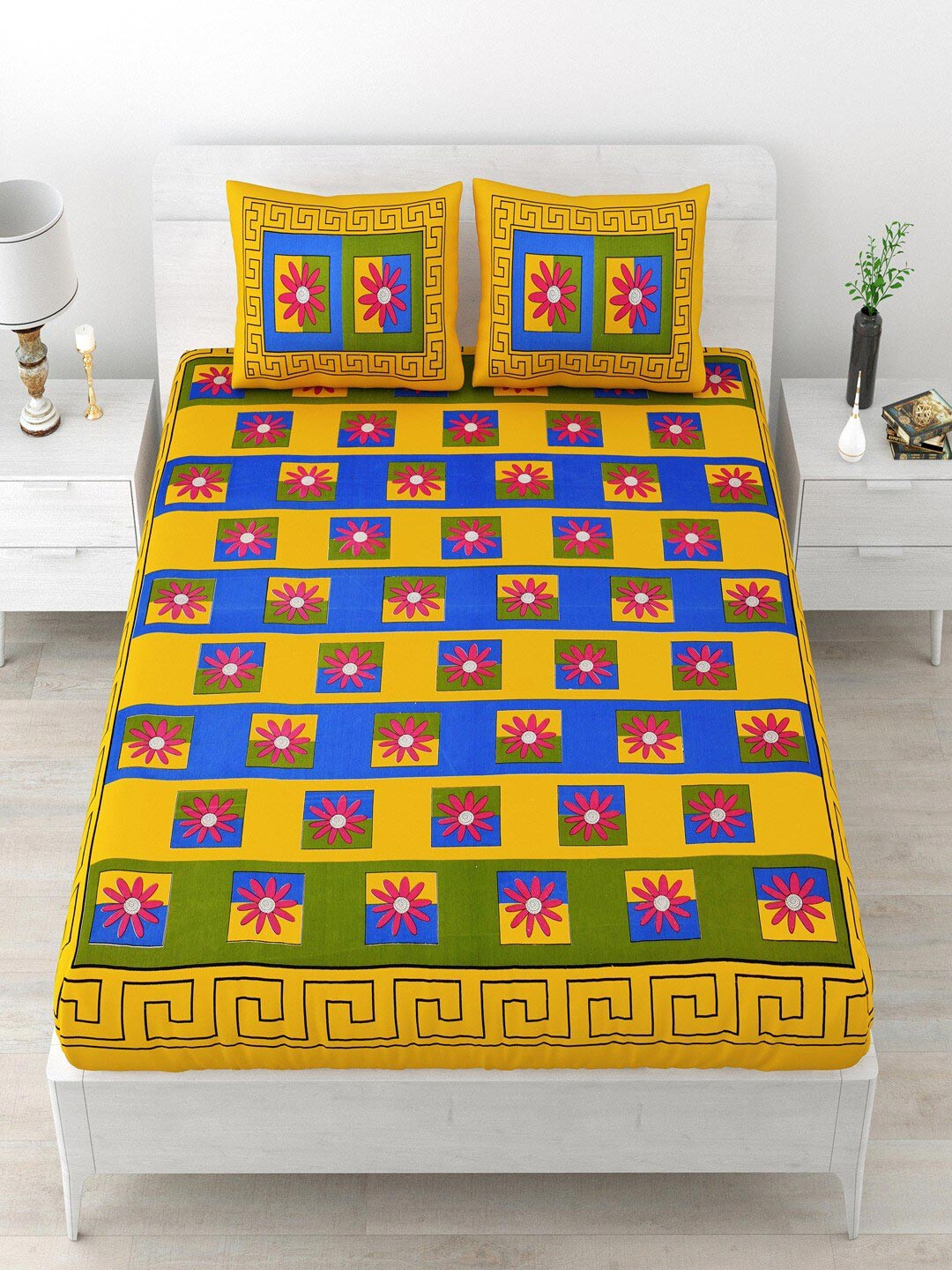 

UNIQCHOICE Yellow & Blue Floral Cotton 120 TC Queen Bedsheet With 2 Pillow Covers