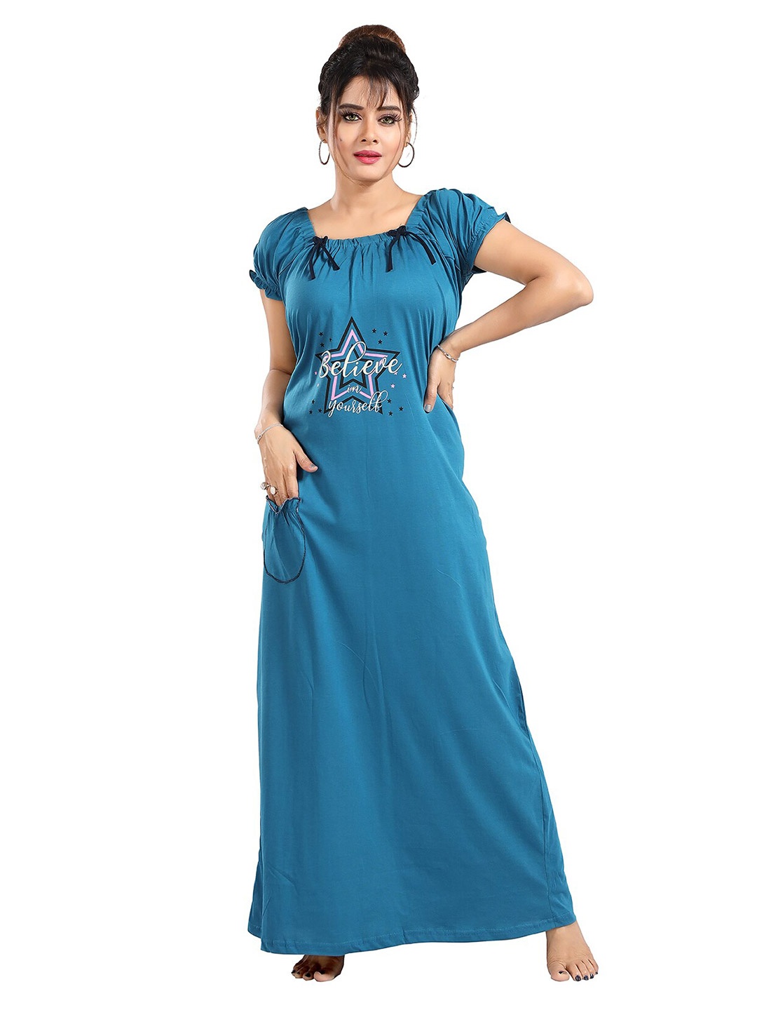 

FOMTI Graphic Printed Pure Cotton Maxi Nightdress, Teal