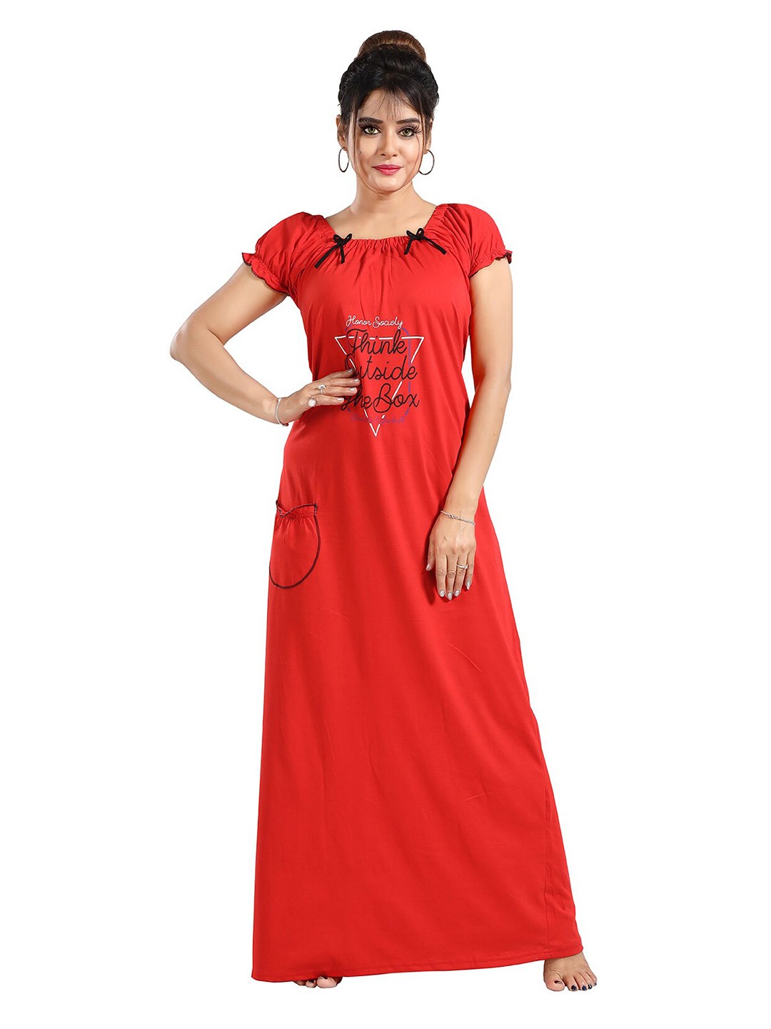 

FOMTI Typography Printed Pure Cotton Maxi Nightdress, Red
