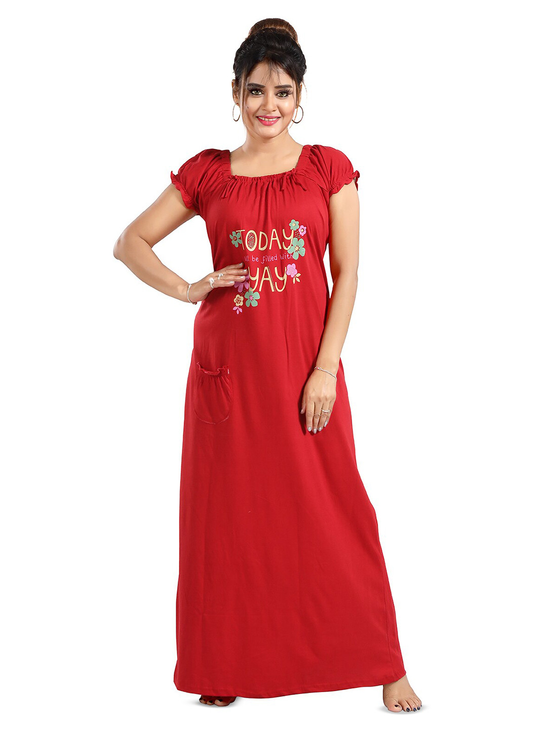 

FOMTI Typography Printed Pure Cotton Maxi Nightdress, Maroon