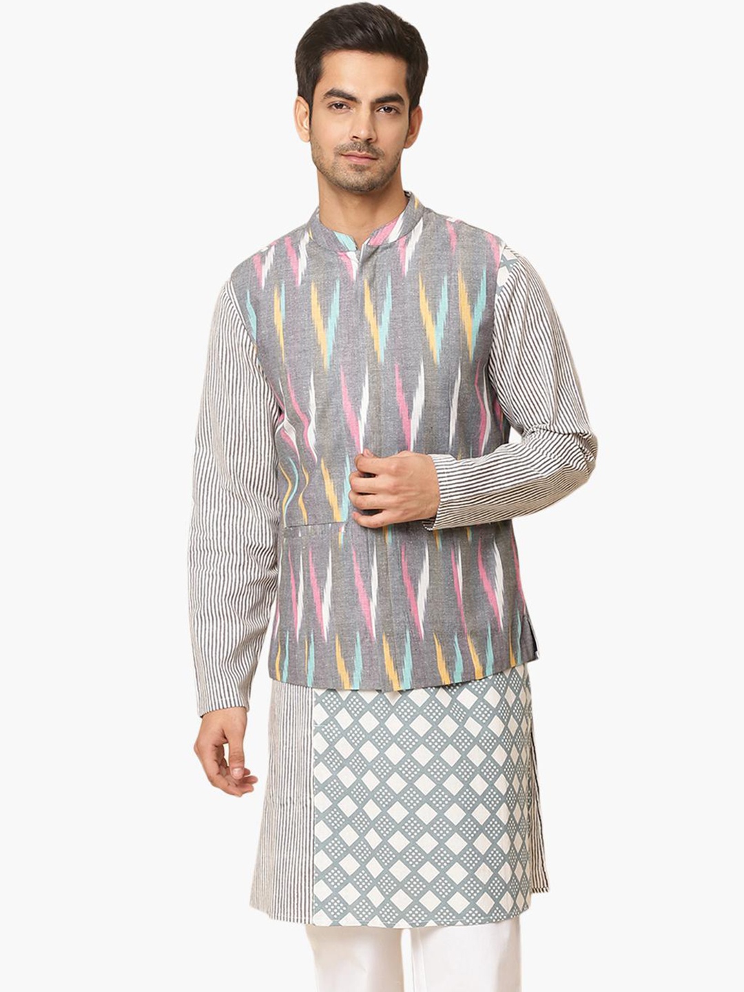 

Virgio Printed Pure Cotton Nehru Jacket, Grey