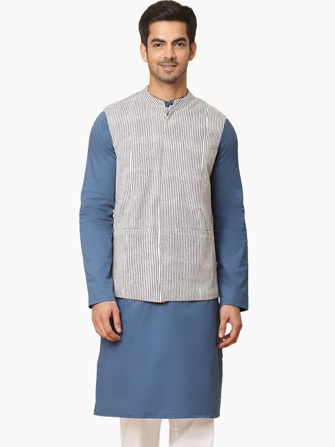 

Virgio Striped Pure Cotton Nehru Jacket, White