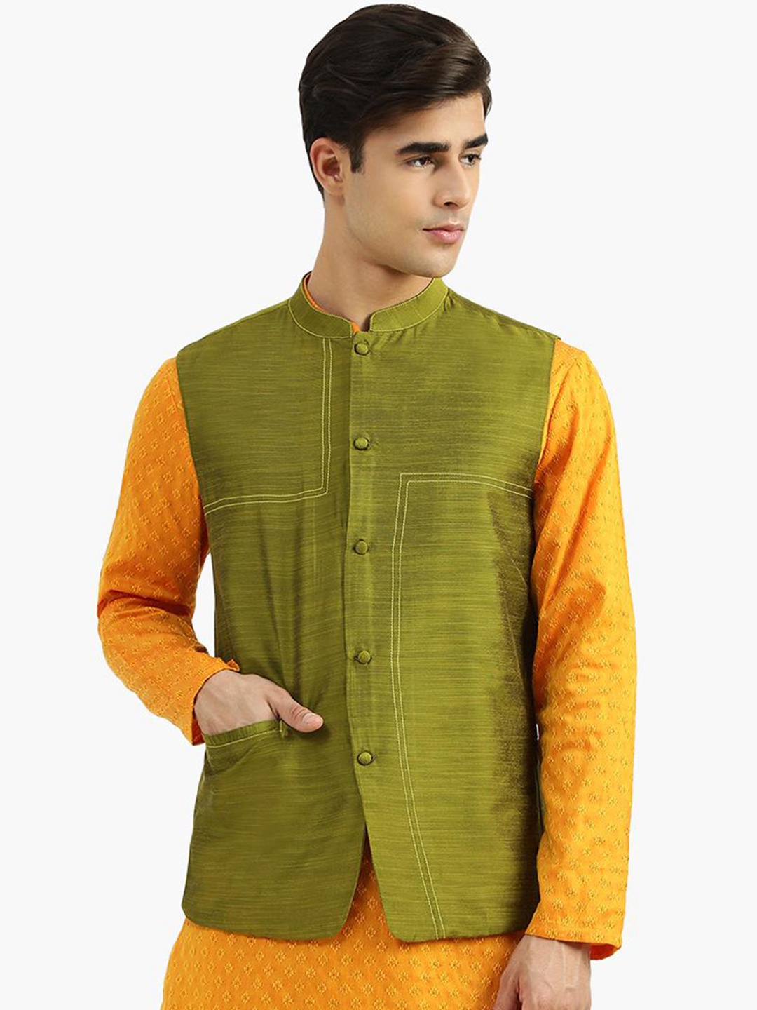 

Virgio Mandarin Collar Nehru Jacket, Green