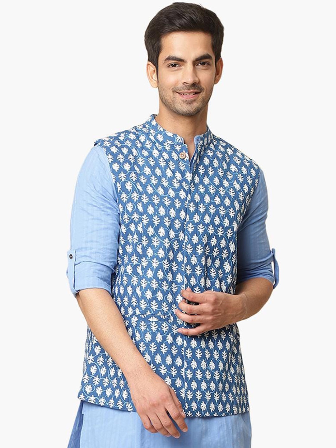 

Virgio Floral Printed Nehru Jacket, Blue