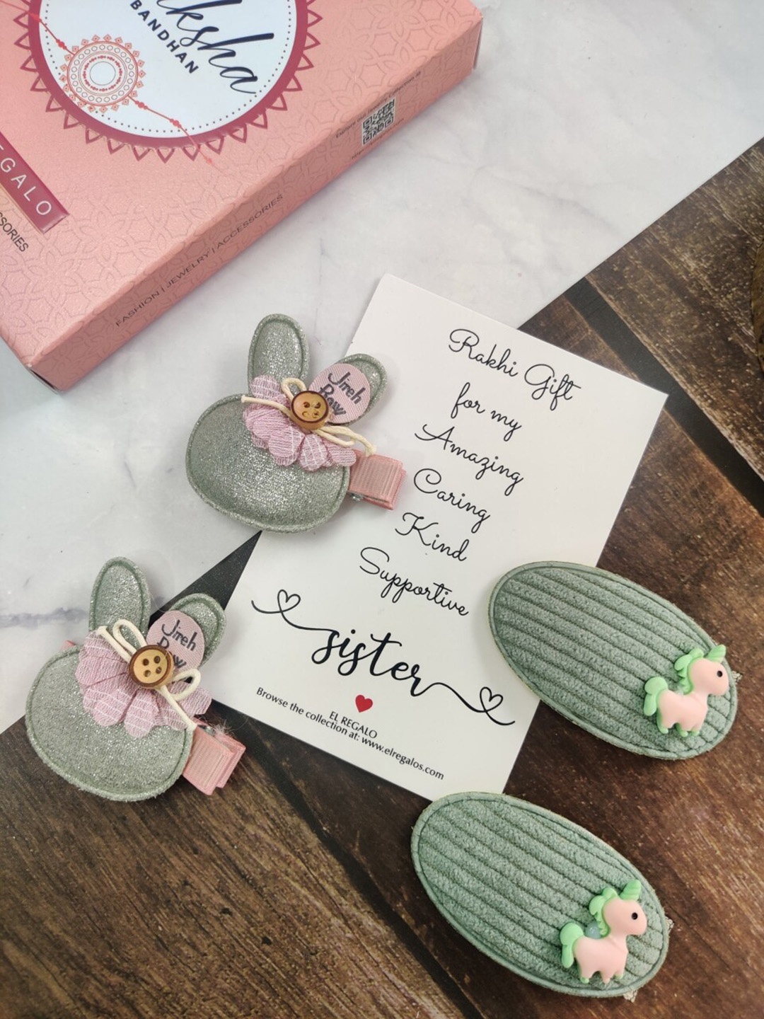 

EL REGALO Girls Set Of 4 Embellished Hair Clips Rakhi Gift Set, Green