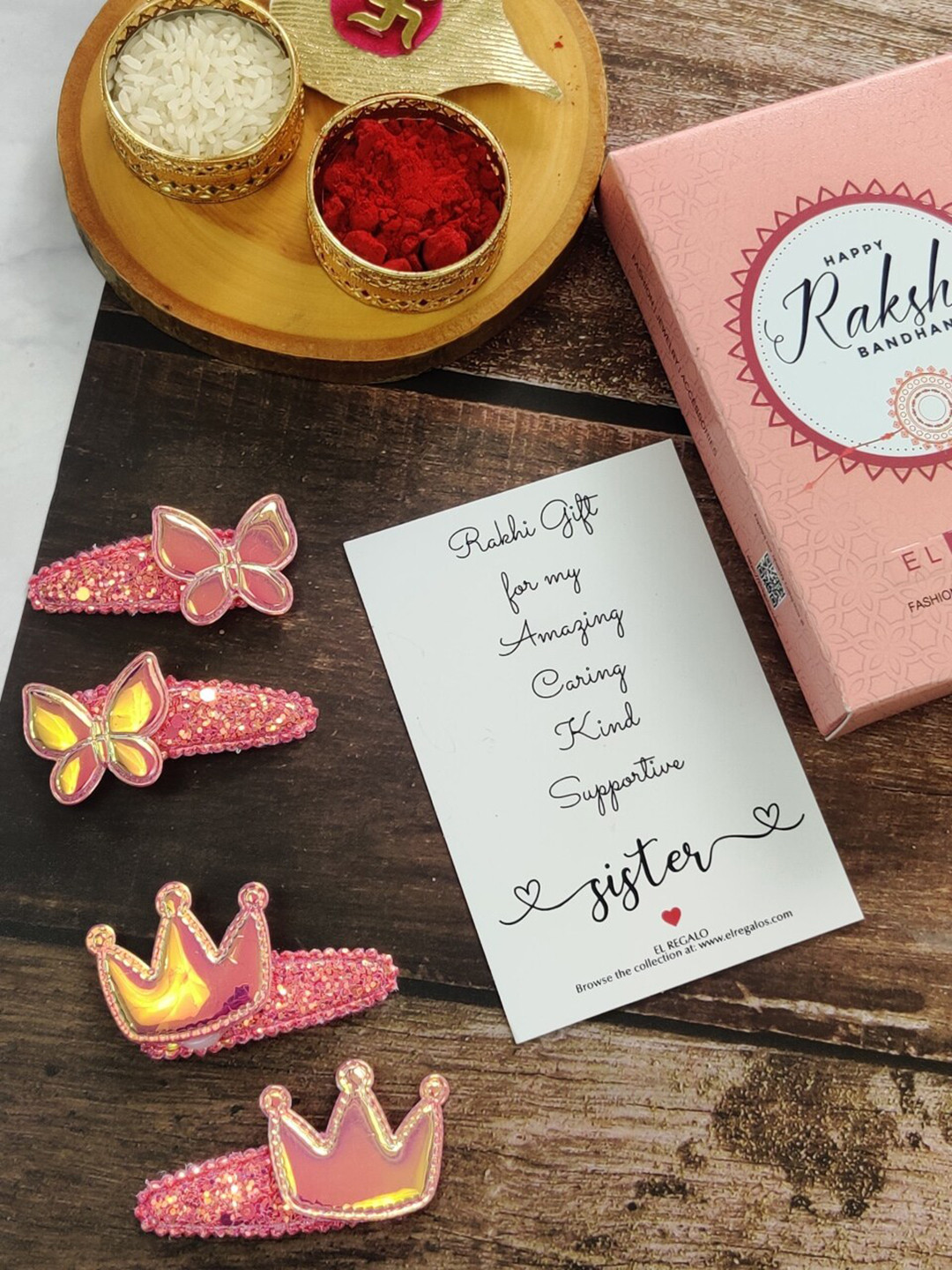

EL REGALO Girls Set of 4 Embellished Tic Tac Hair Clip Rakhi Gift Set, Pink