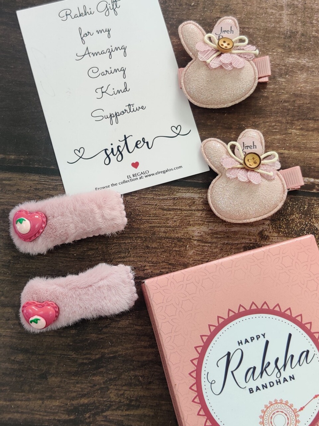

EL REGALO Set Of 4 Hair Clips Rakhi Gift Set, Pink