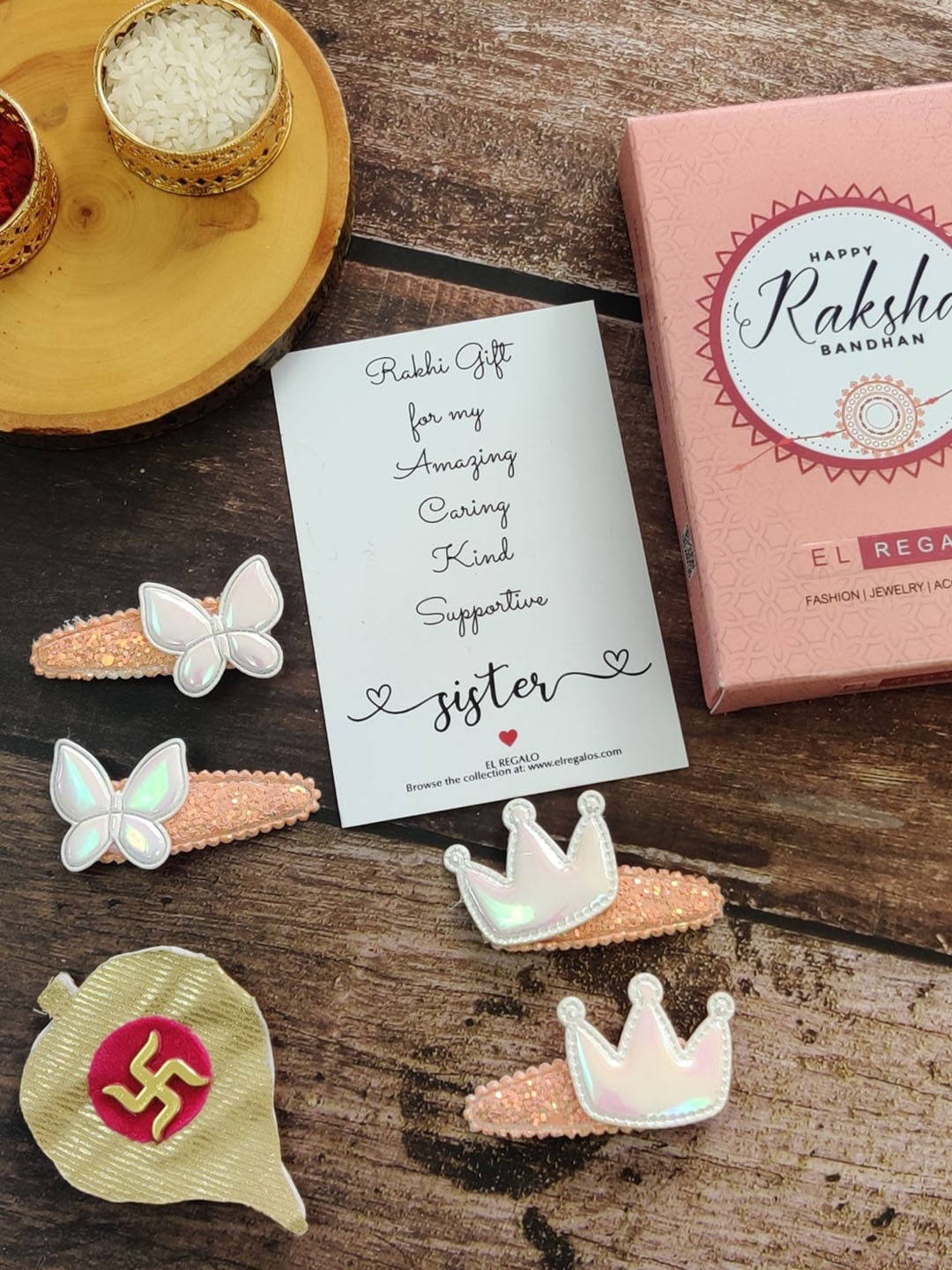

EL REGALO Girls Set of 4 Embellished Tic Tac Hair Clip Rakhi Gift Set, Orange