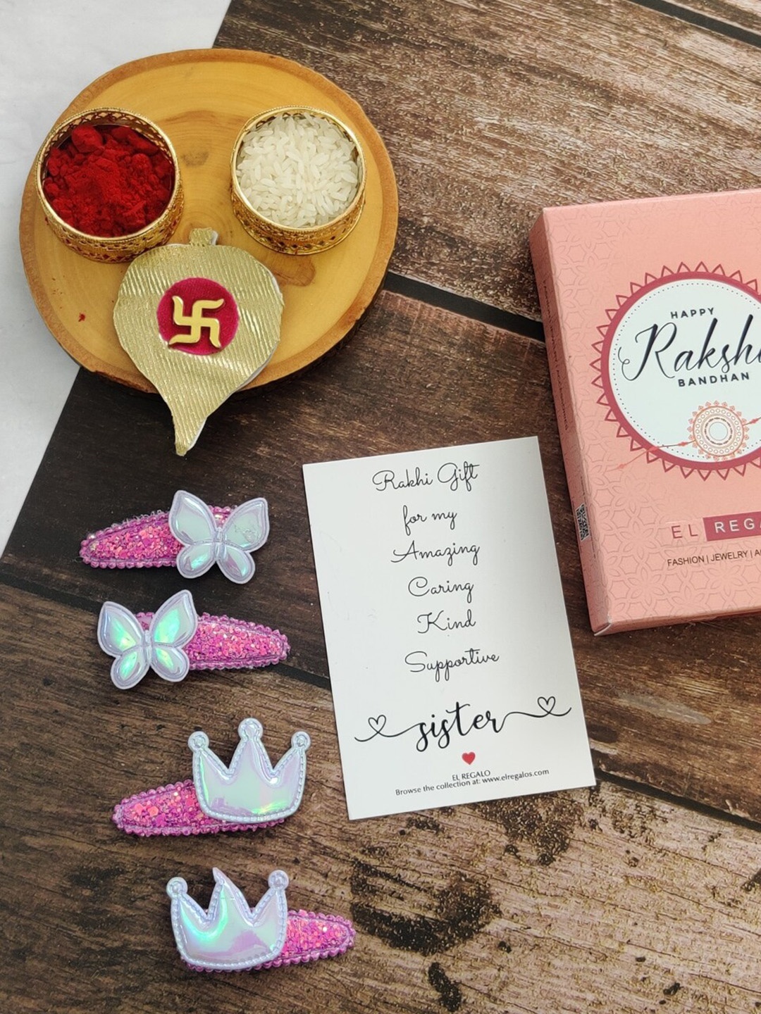 

EL REGALO Girls Set of 4 Embellished Tic Tac Hair Clip Rakhi Gift Set, Pink