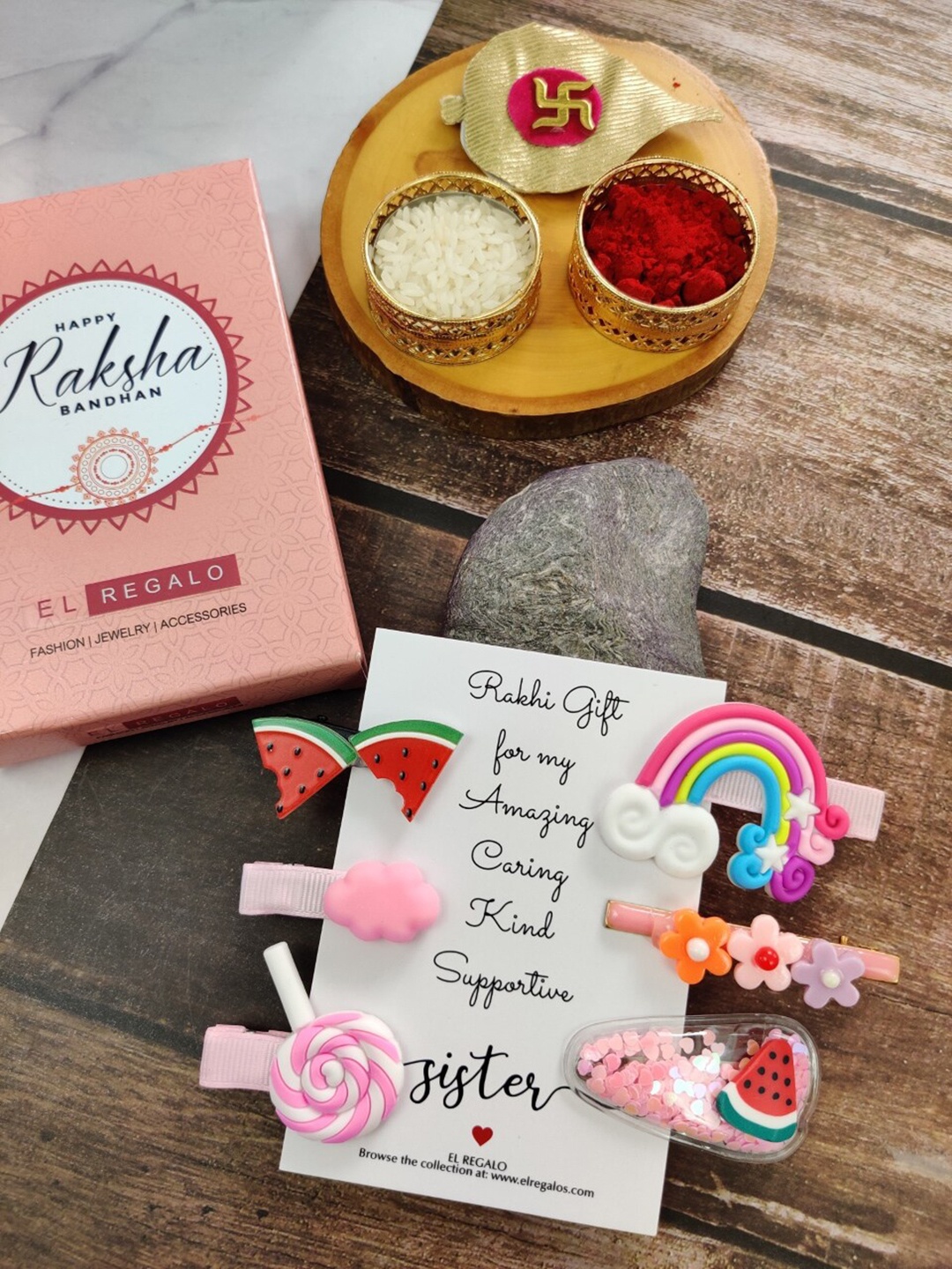 

EL REGALO Girls Set of 6 Alligator Hair Clip Rakhi Gift Set, Pink