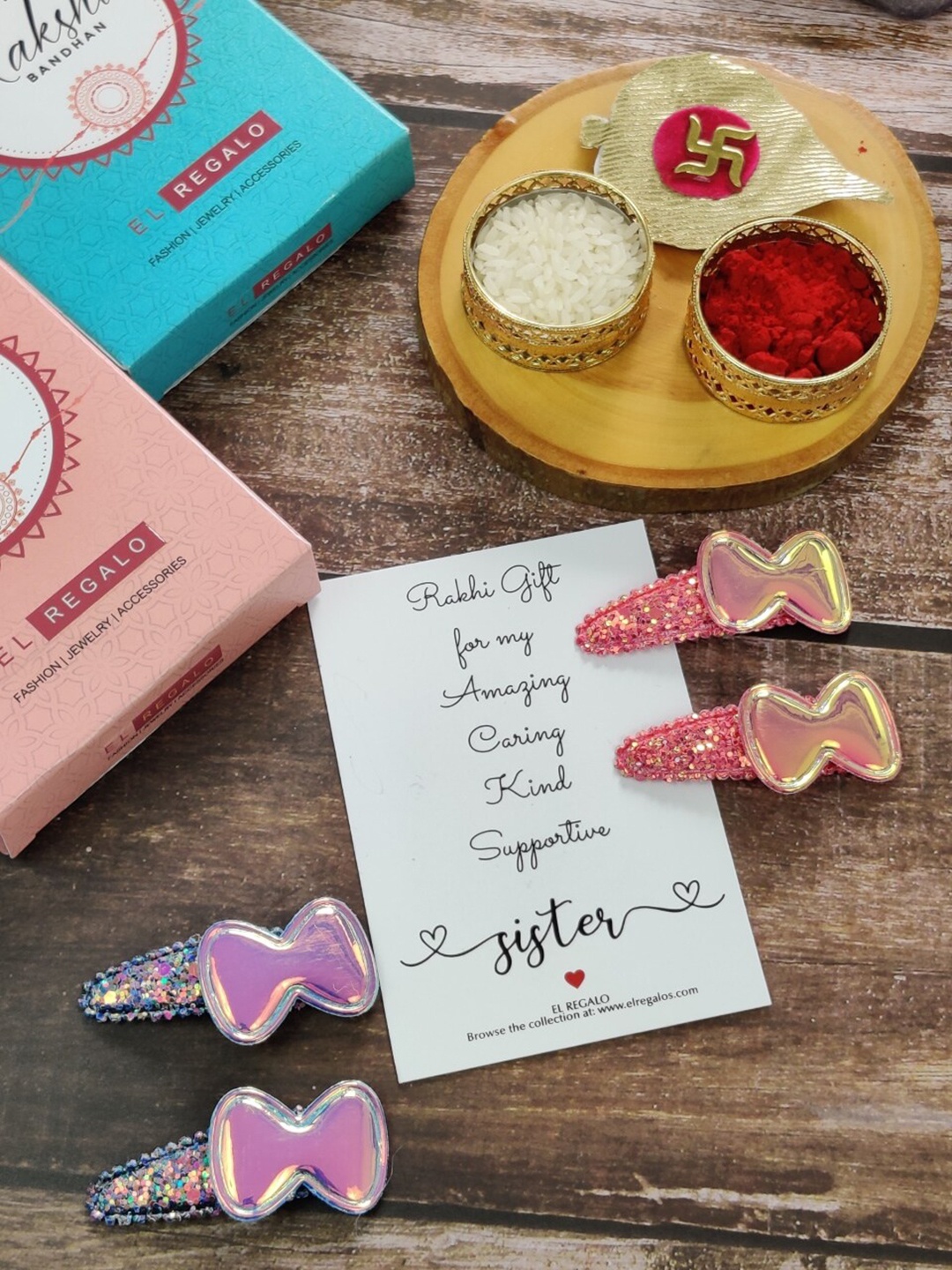 

EL REGALO Girls Set Of 4 Embellished Tic Tac Clip Rakhi Gift Set, Red