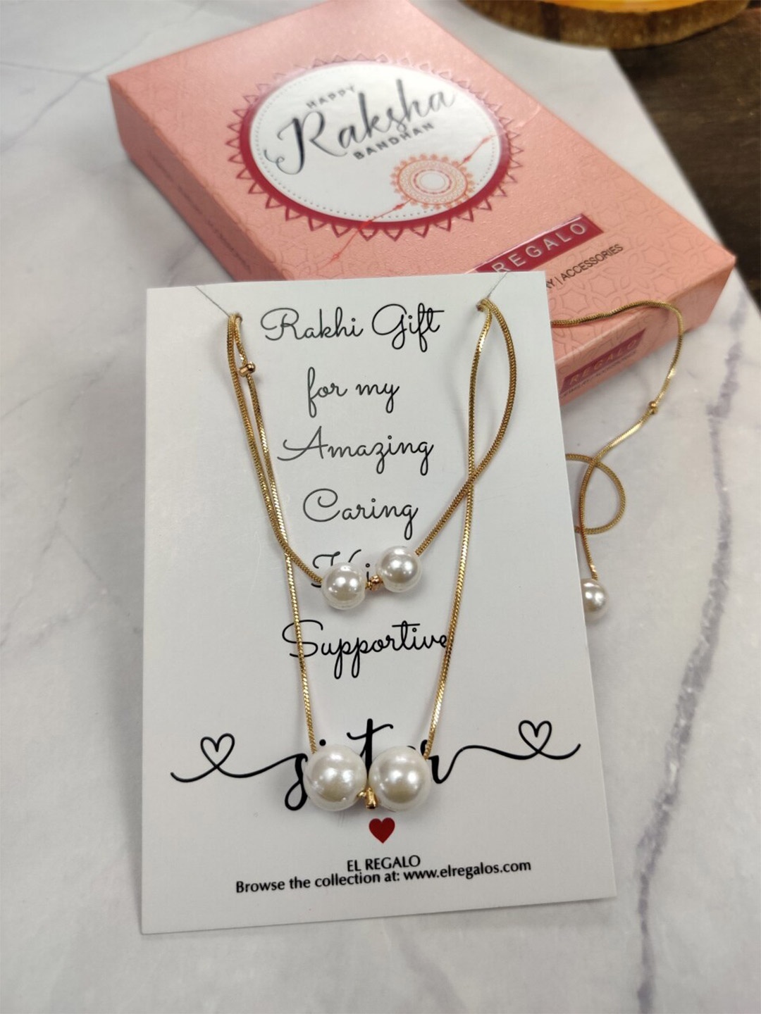

EL REGALO Women Pearl Beaded Necklace Chain Rakhi Gift Set, Gold