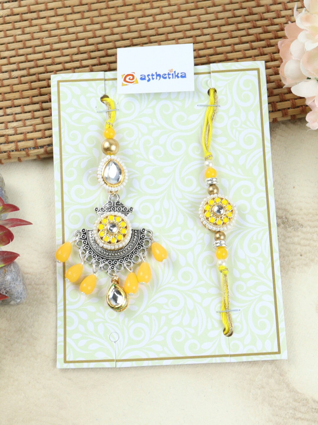 

Asthetika Set Of 2 Kundan Studded & Beaded Bhaiya Bhabhi Rakhi, Yellow