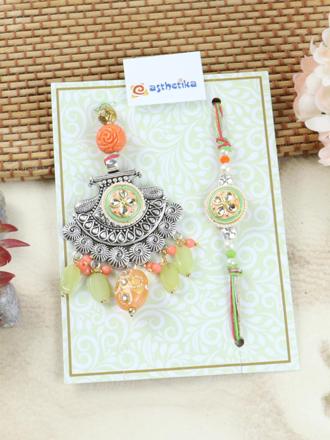 

Asthetika Unisex Set Of 2 Kundan Studded & Beaded Bhaiya Bhabhi Rakhi, Silver