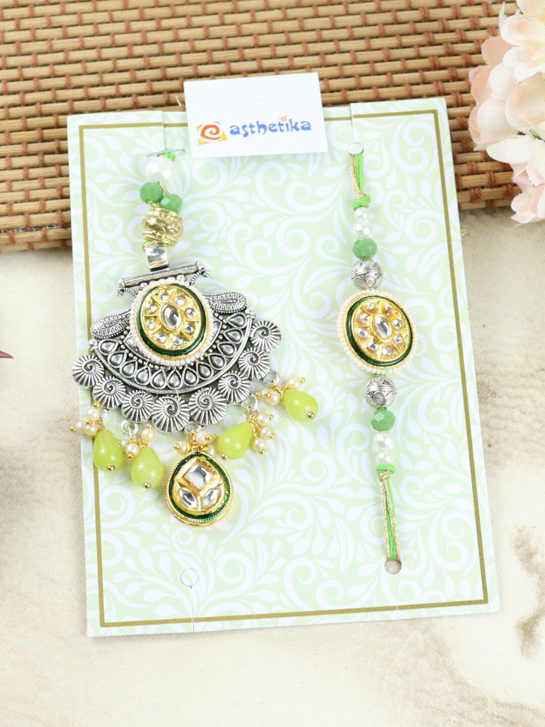 

Asthetika Unisex Set Of 2 Kundan Studded & Beaded Bhaiya Bhabhi Rakhi, Silver