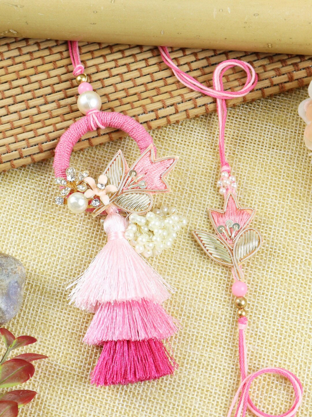 

Asthetika Set Of 2 Beaded Bhaiya Bhabhi Rakhi, Pink